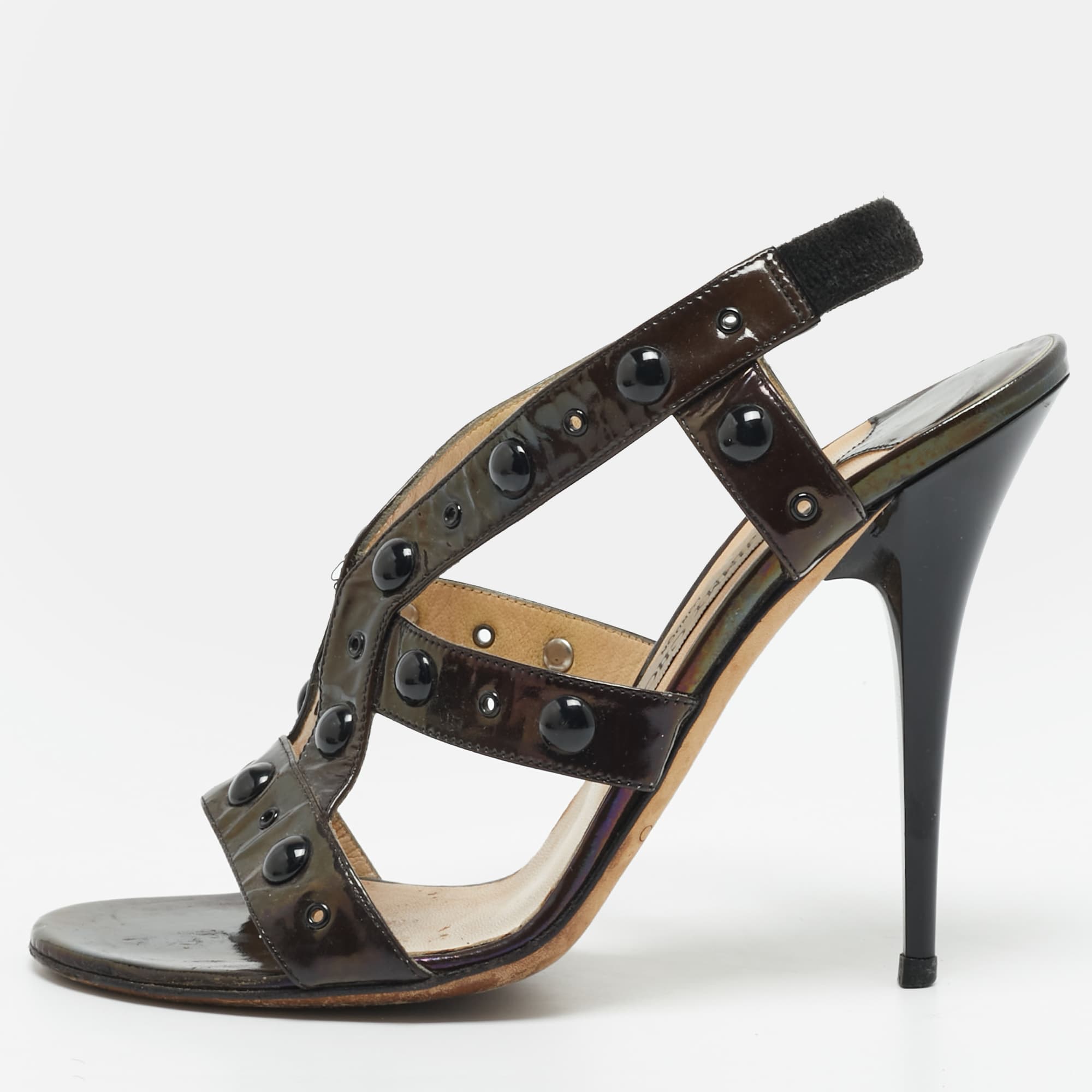 Jimmy Choo Size 38 Green Patent Leather Embellished Slingback Sandals