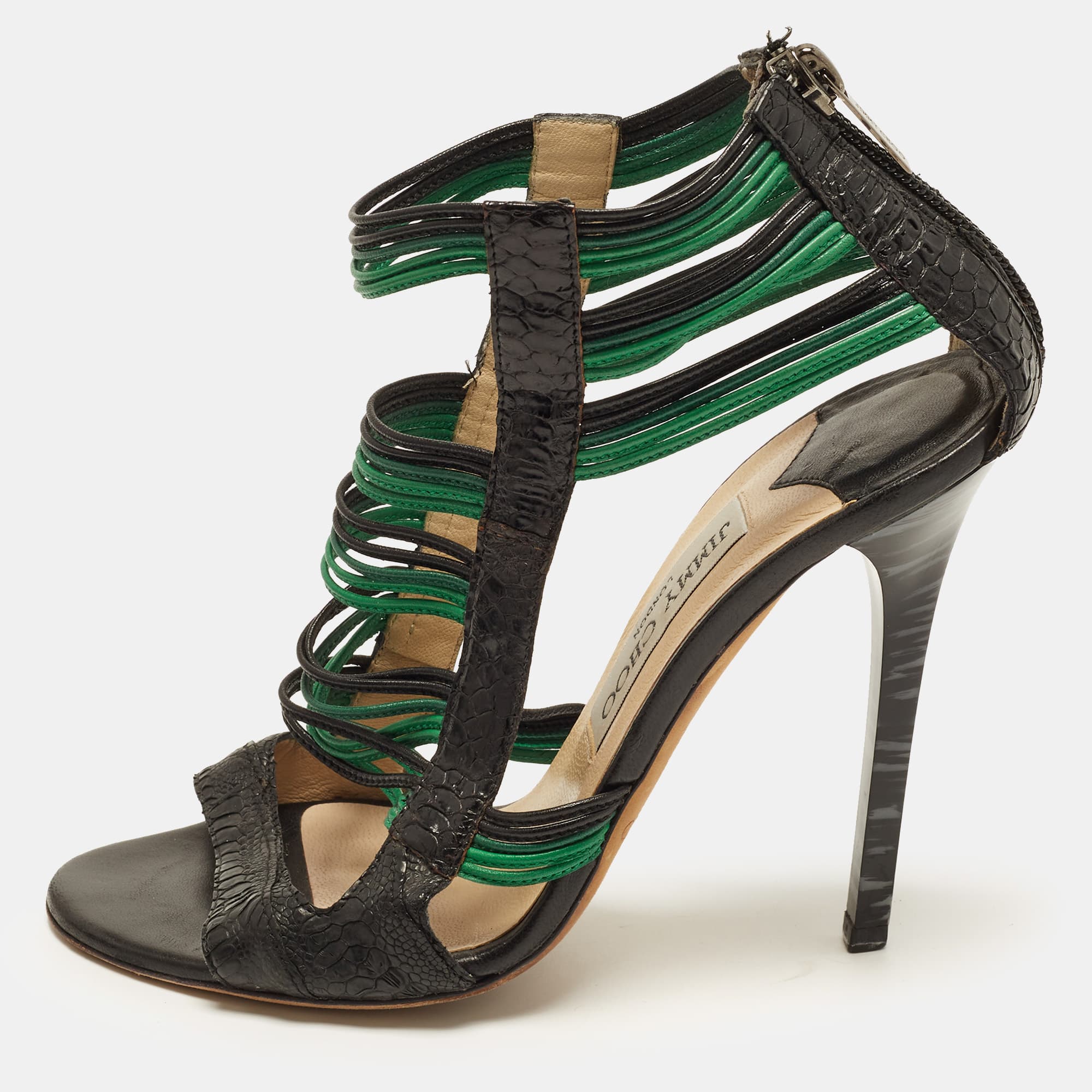 Jimmy Choo Corsica Size 37 Black/Green Ostrich Leather Ankle Strap Sandals