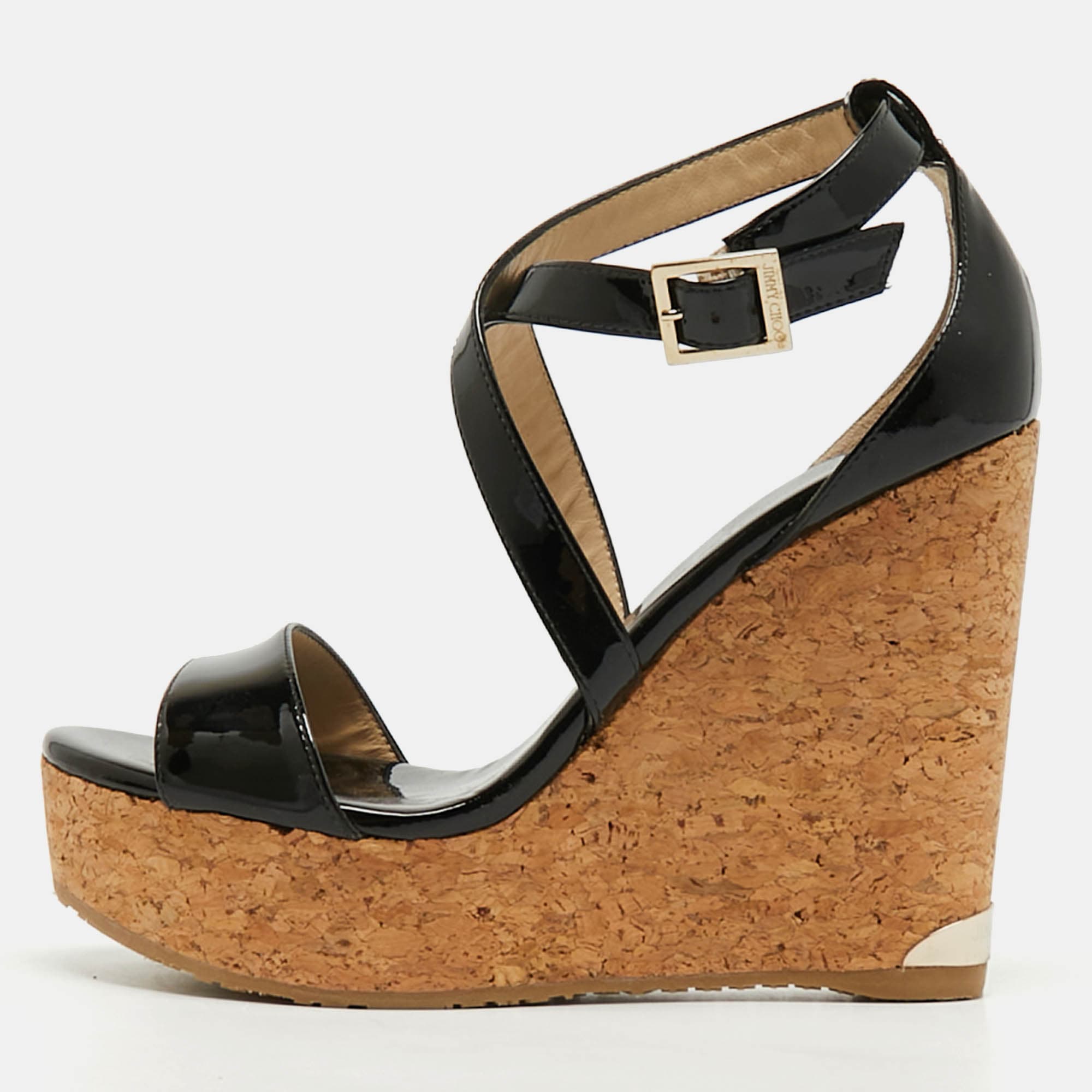 Jimmy Choo Portia Size 37.5 Black Patent Leather Wedge Sandals