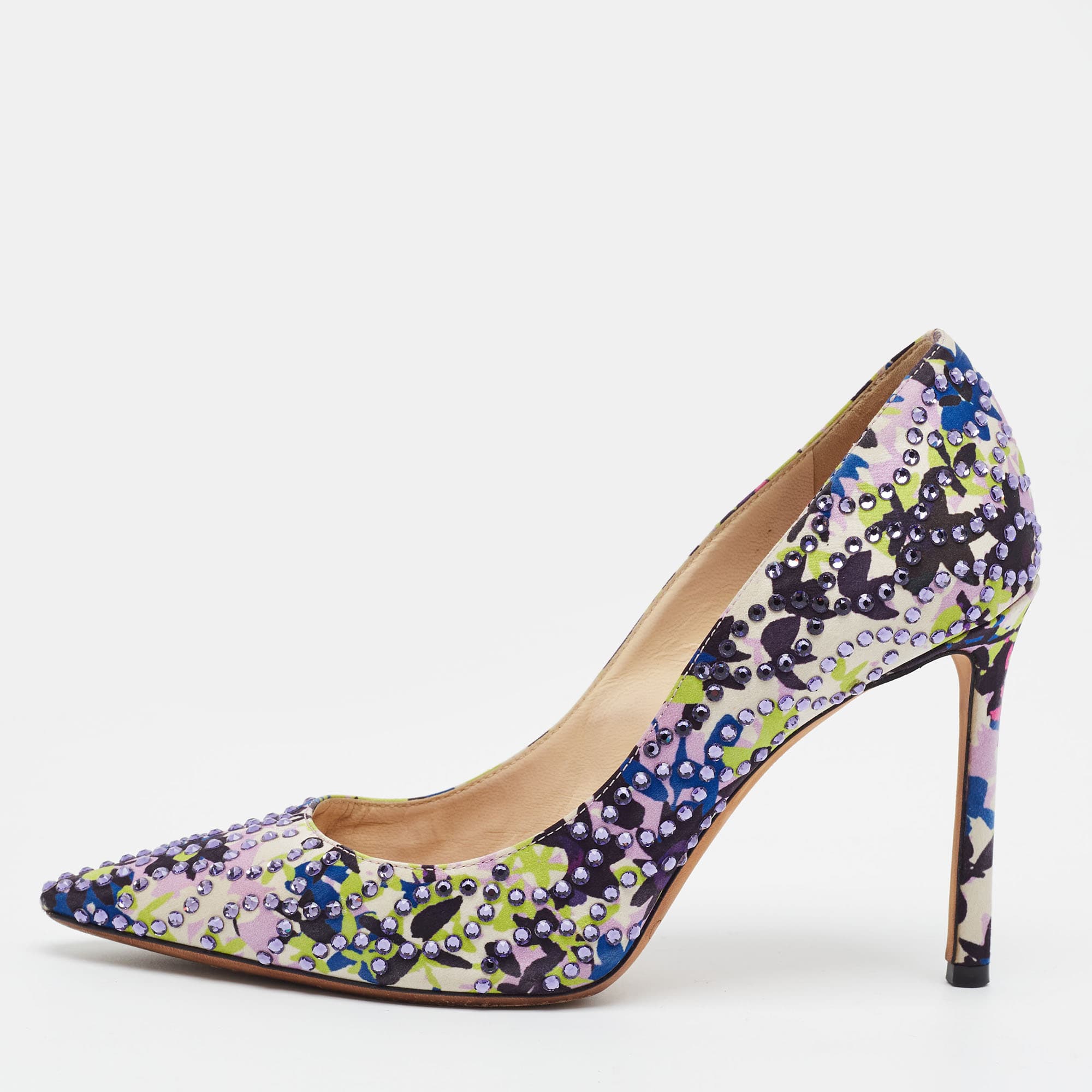 Jimmy Choo Romy Size 37 Multicolor Flora Print Satin Crystal Embellished Pumps