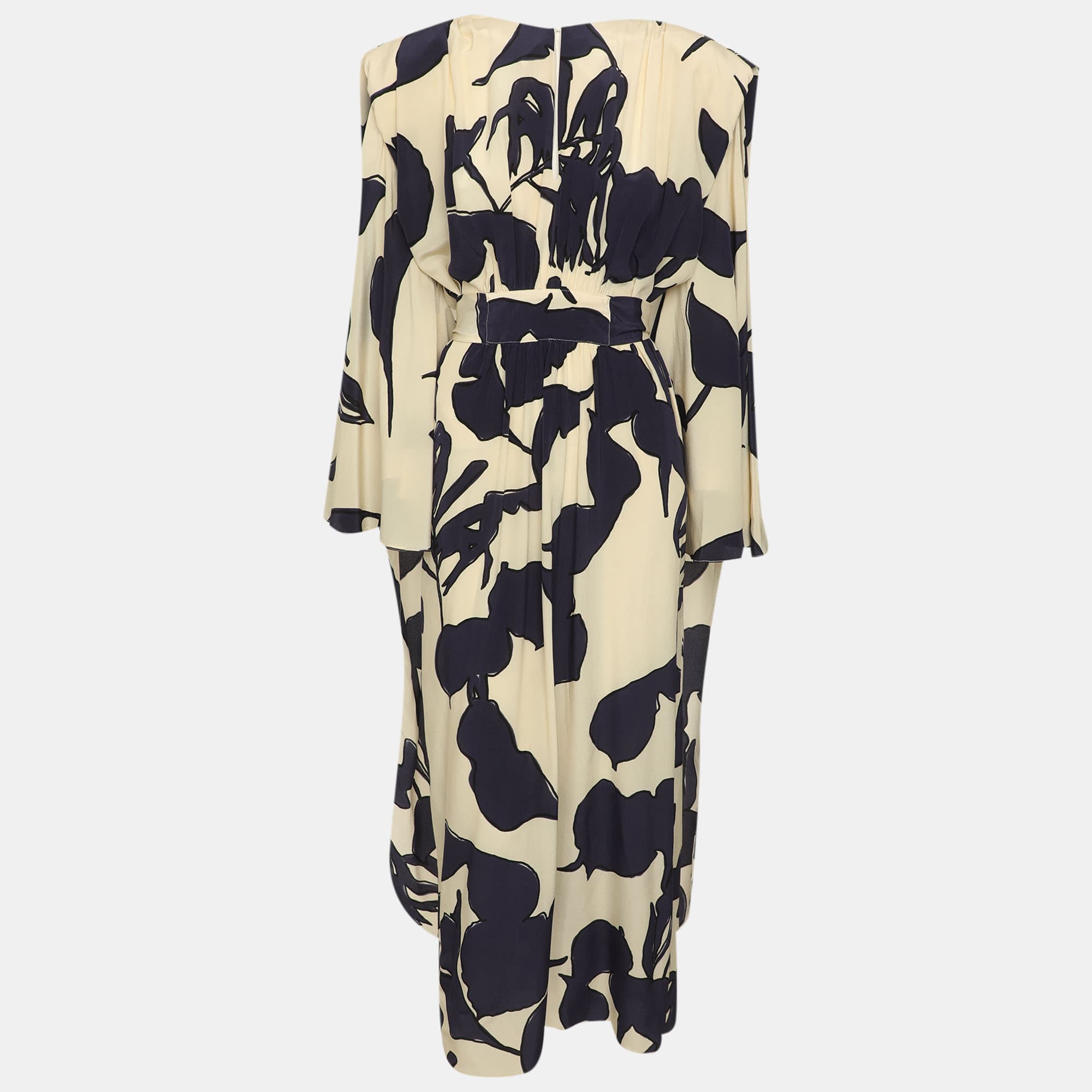 Johanna Ortiz Light Beige/Dark Blue Printed Silk Ancient Tropics Removable Sleeve Maxi Dress S