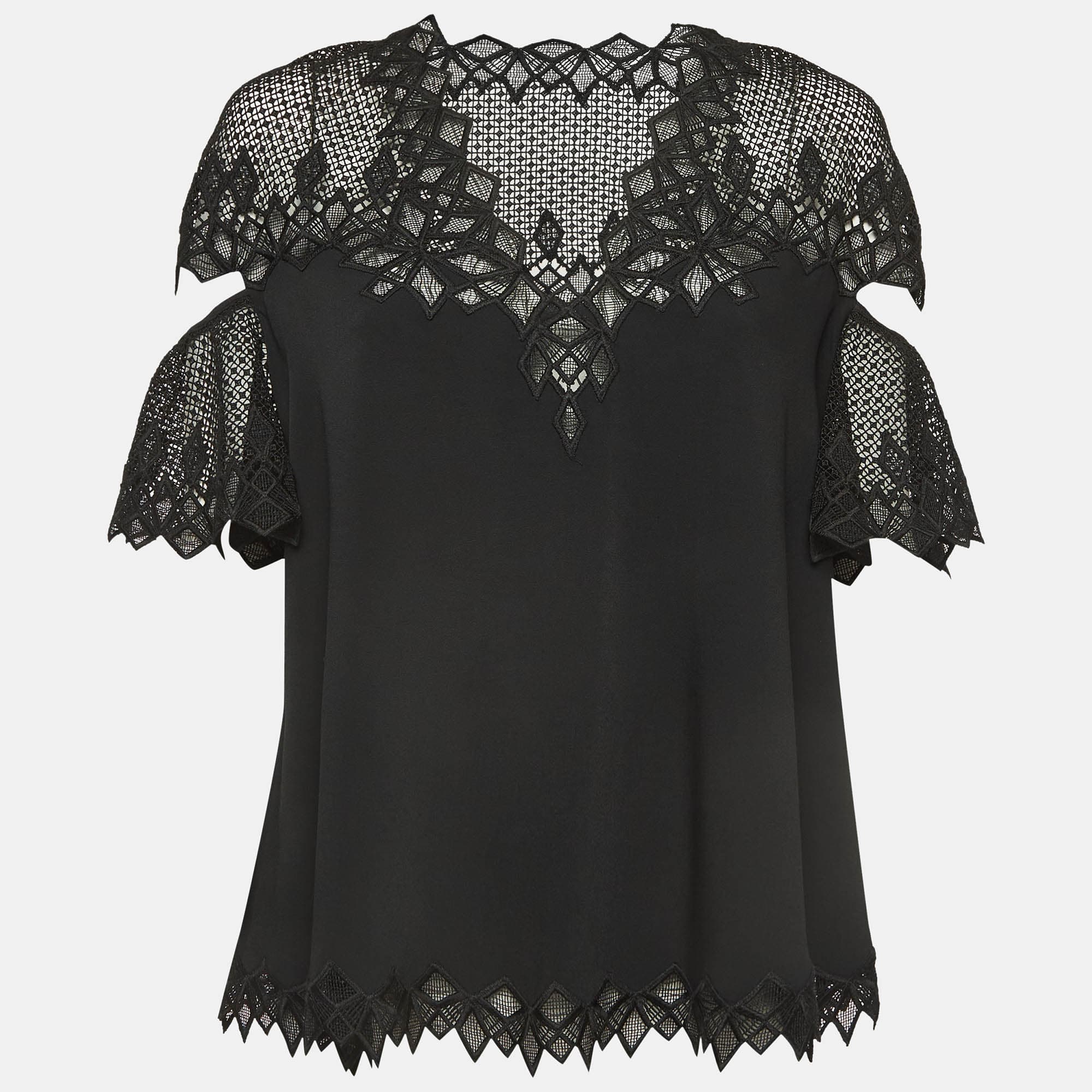 Jonathan Simkhai Black Lace Trim Crepe Cut-Out Sleeve Detail Blouse S