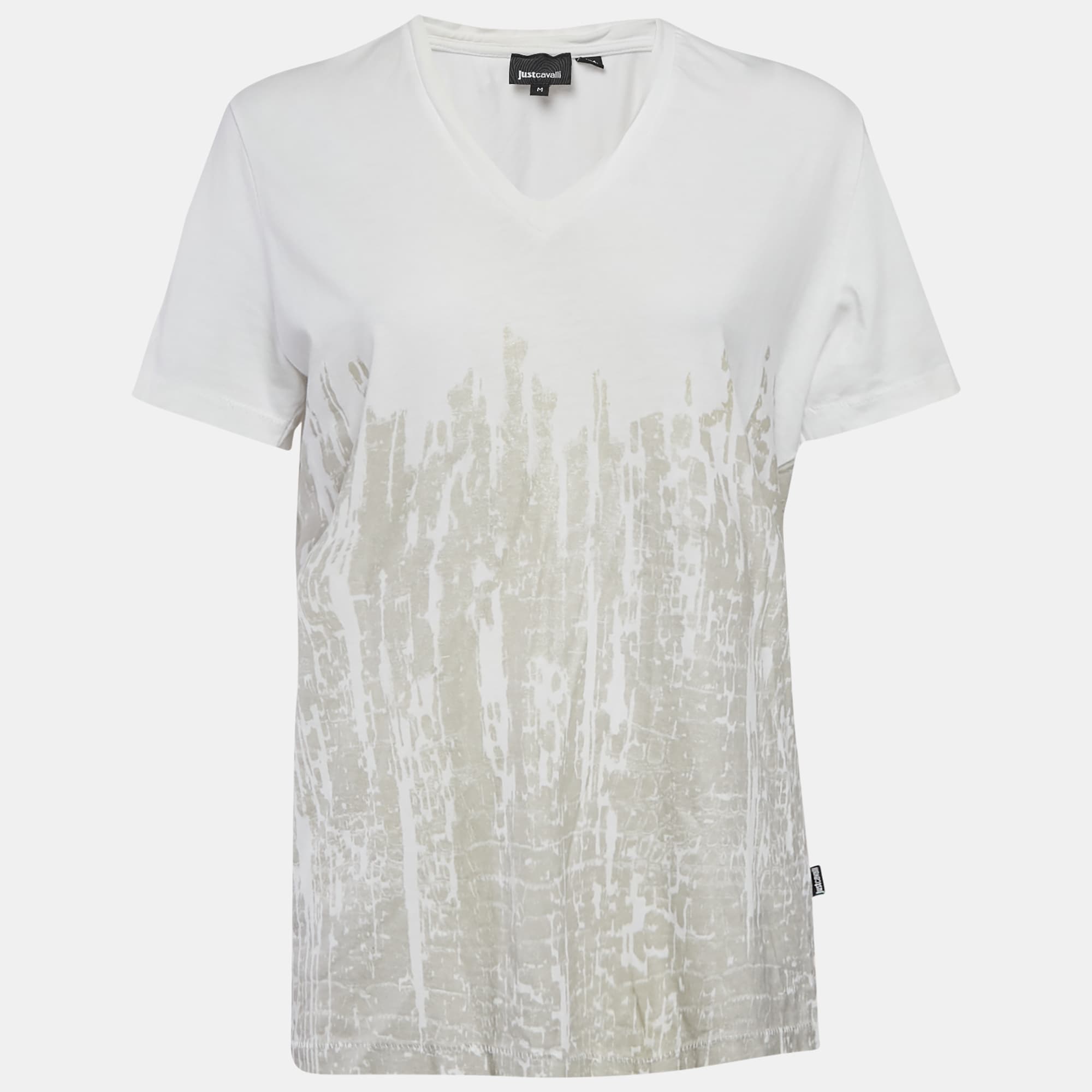 Just Cavalli Off White Printed Cotton Blend V- Neck T-Shirt M