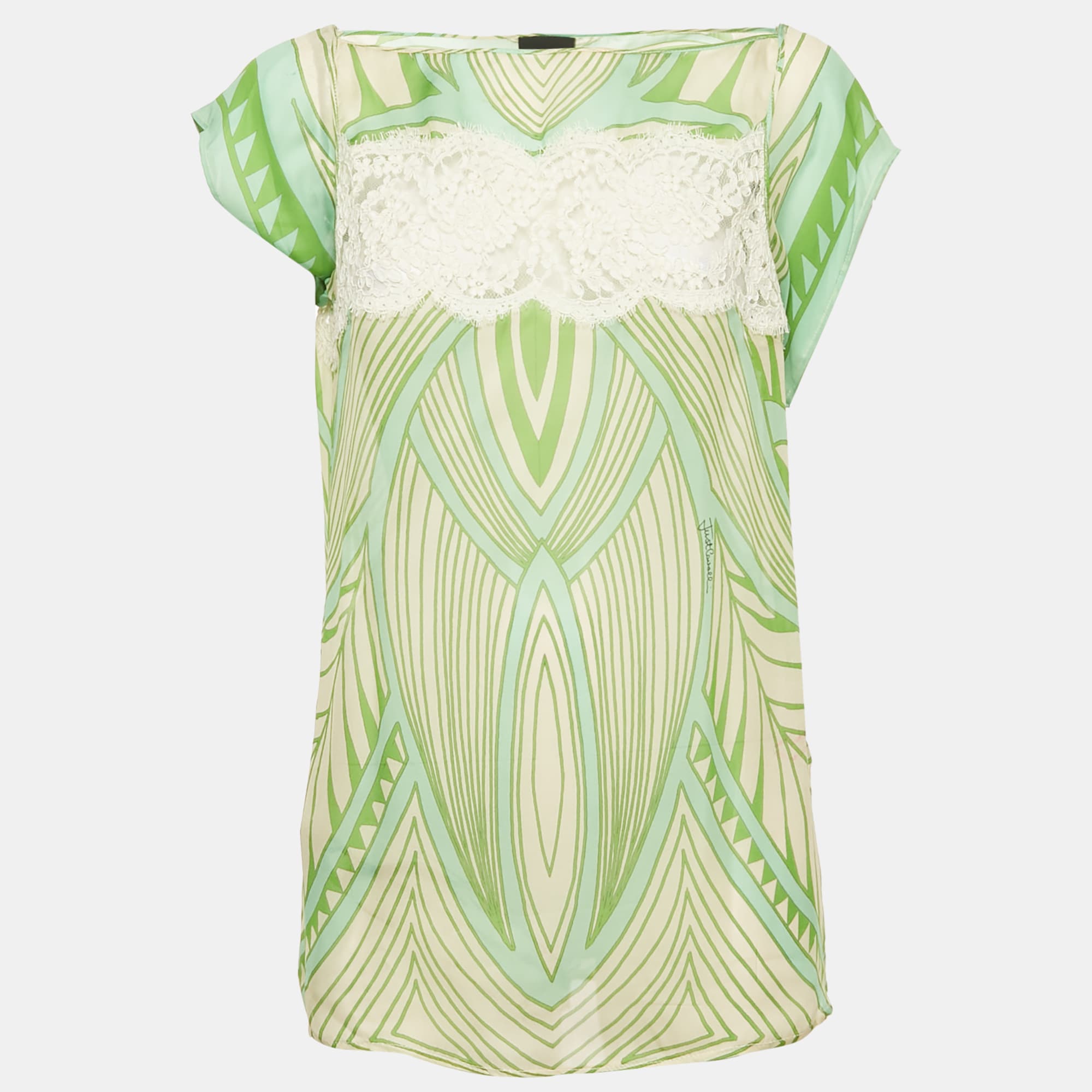 Just Cavalli Green Printed Lace Trim Silk Top L