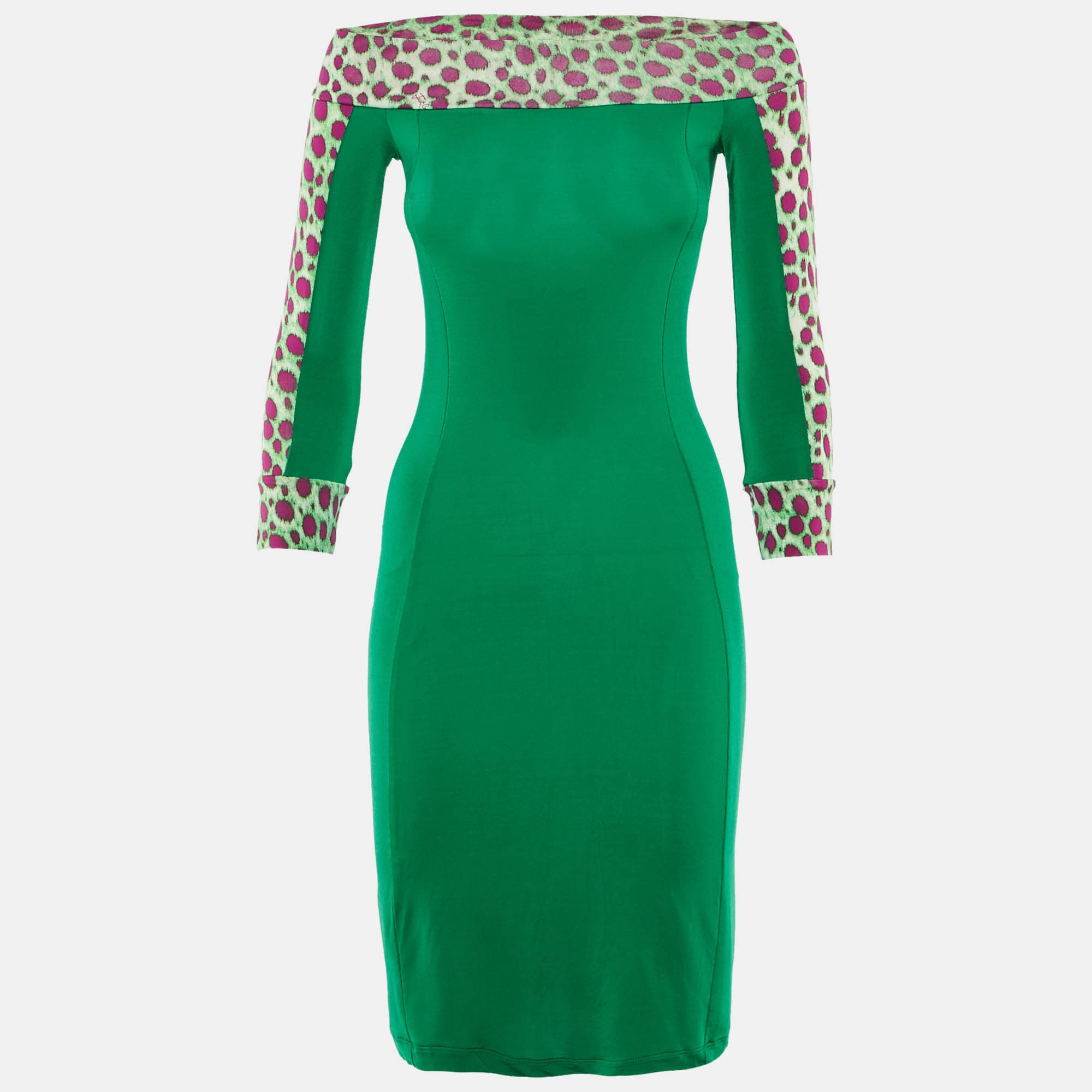 Just Cavalli Green Printed Jersey Off Shoulder Mini Dress S