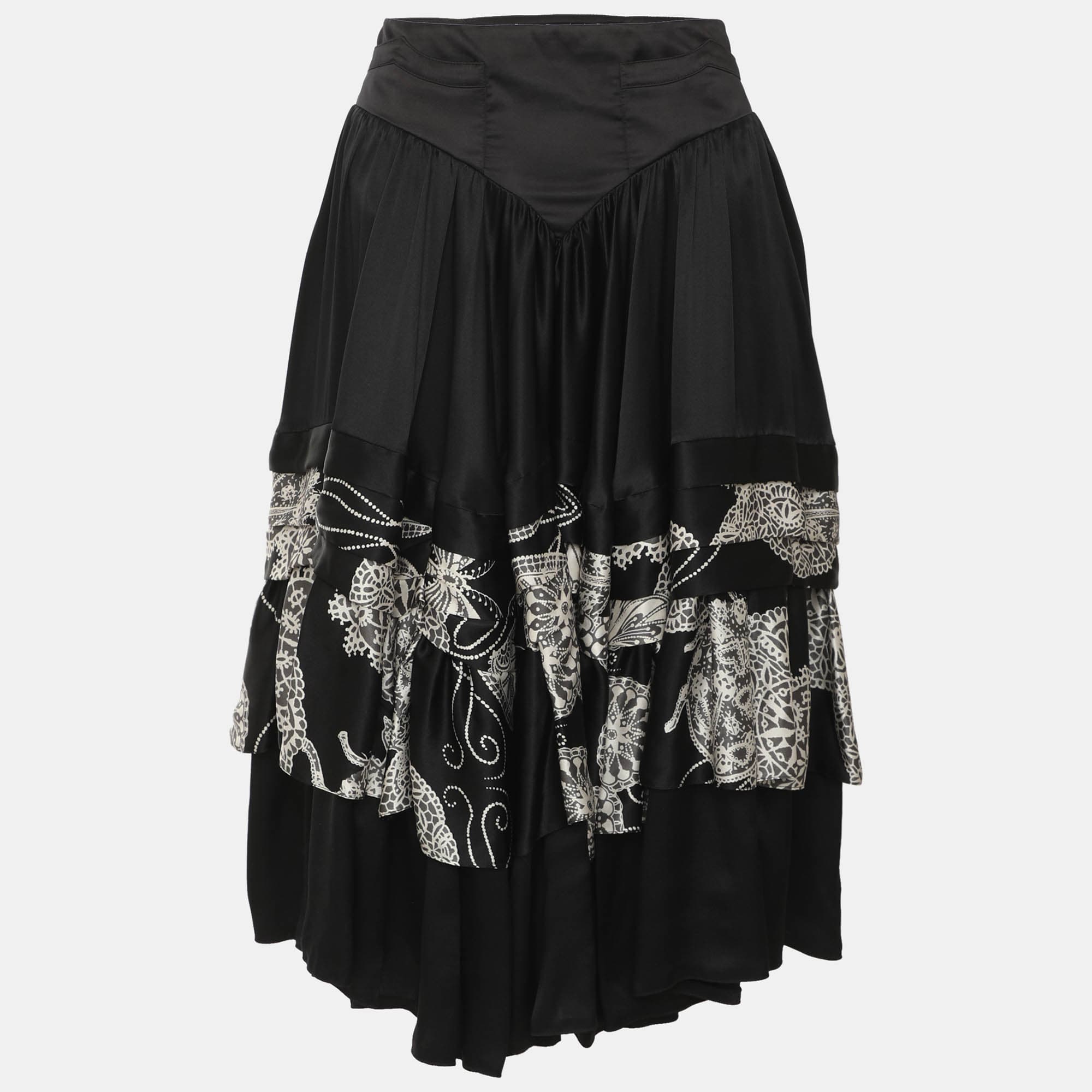 Just Cavalli Black/White Printed Satin Flare Layered Midi Skirt S
