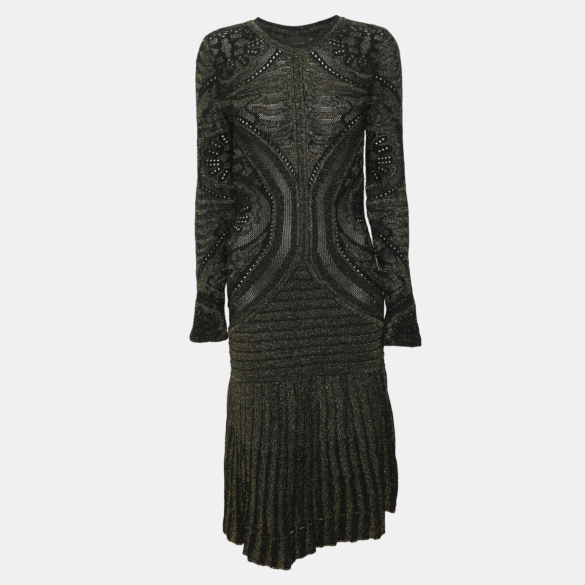 Just Cavalli Gold/Black Lurex Knit Pleated Midi Dress M