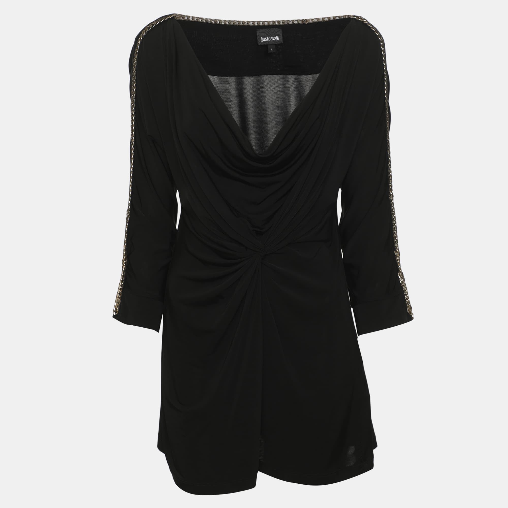 Just Cavalli Black Jersey Draped Chain Link Detail Top L
