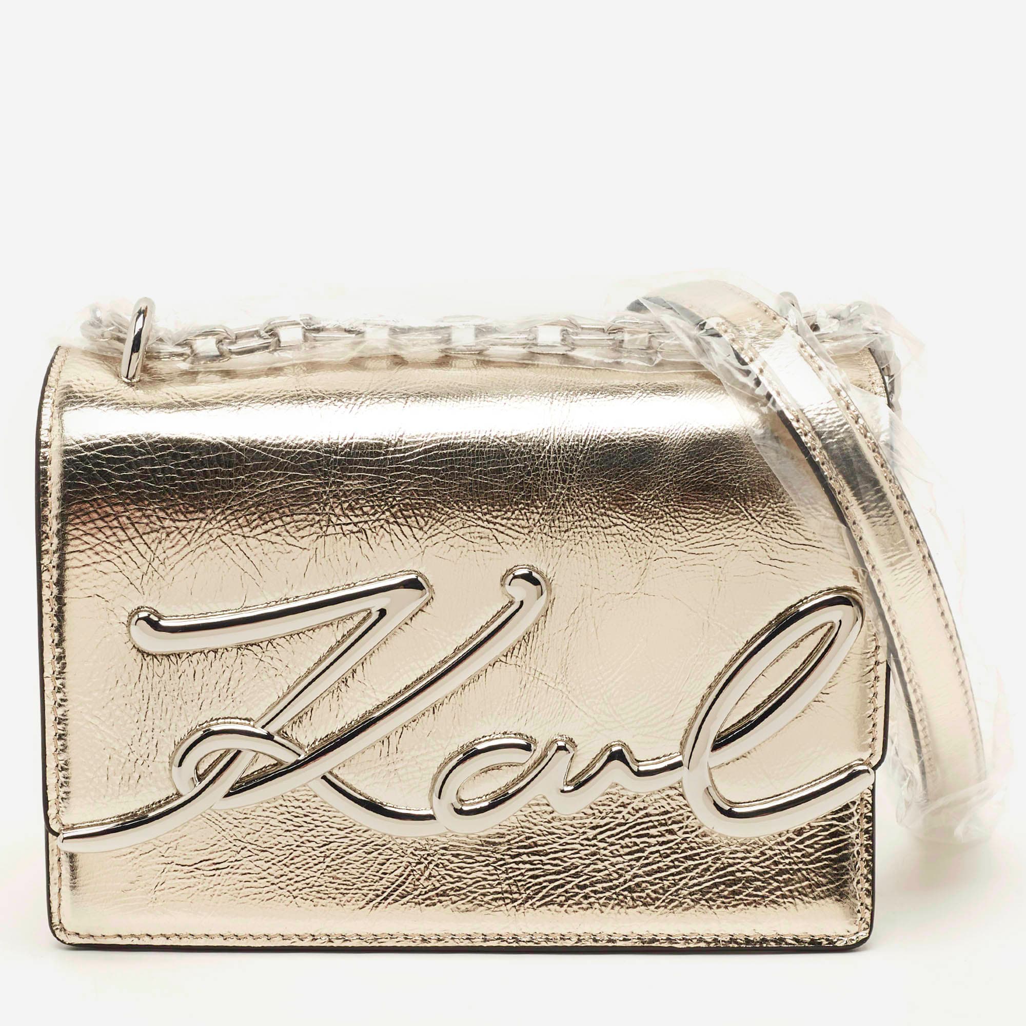 Karl Lagerfeld K/Signature Light Gold Leather Shoulder Bag