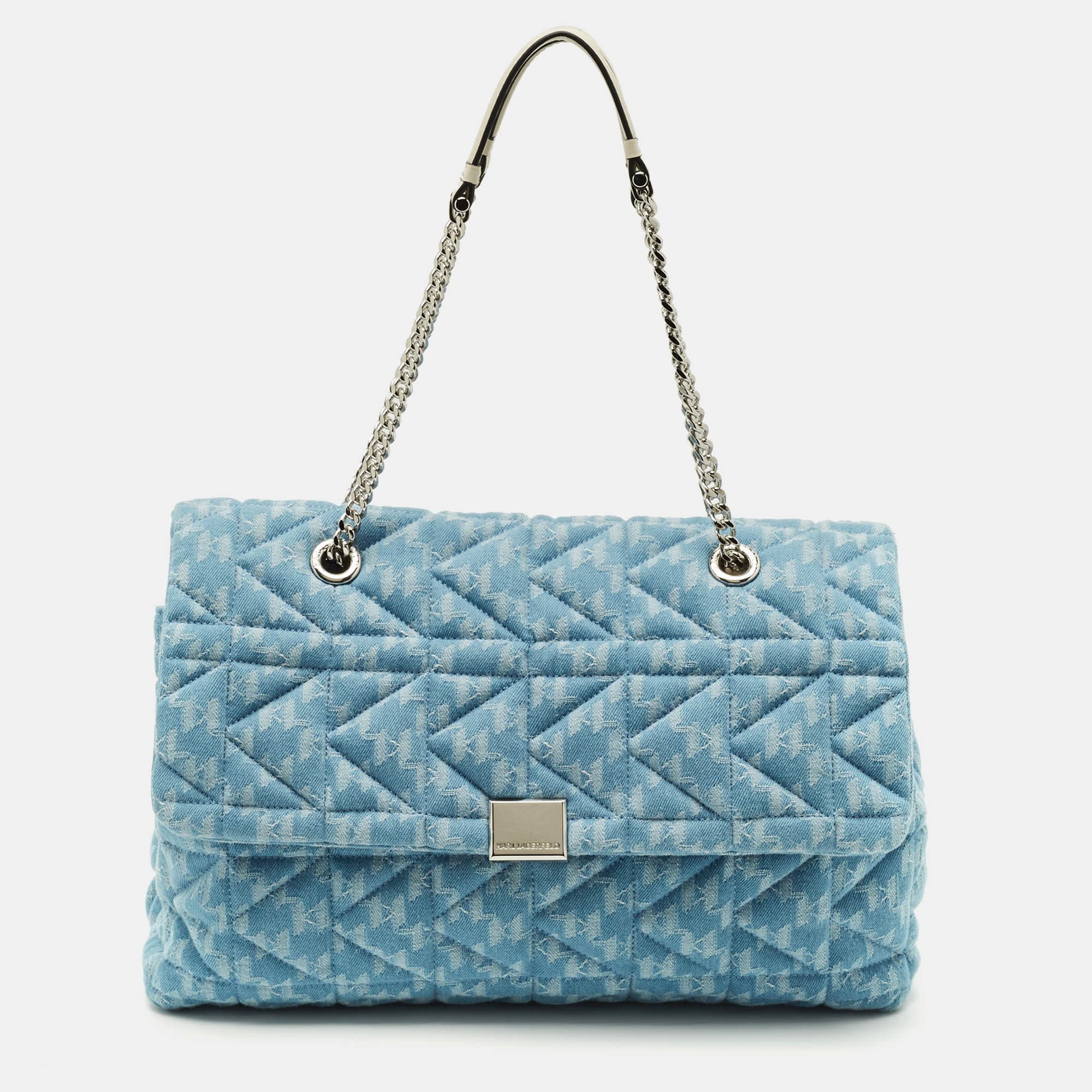 Karl Lagerfeld K/Kuilted Large Blue Denim Jacquard Flap Shoulder Bag