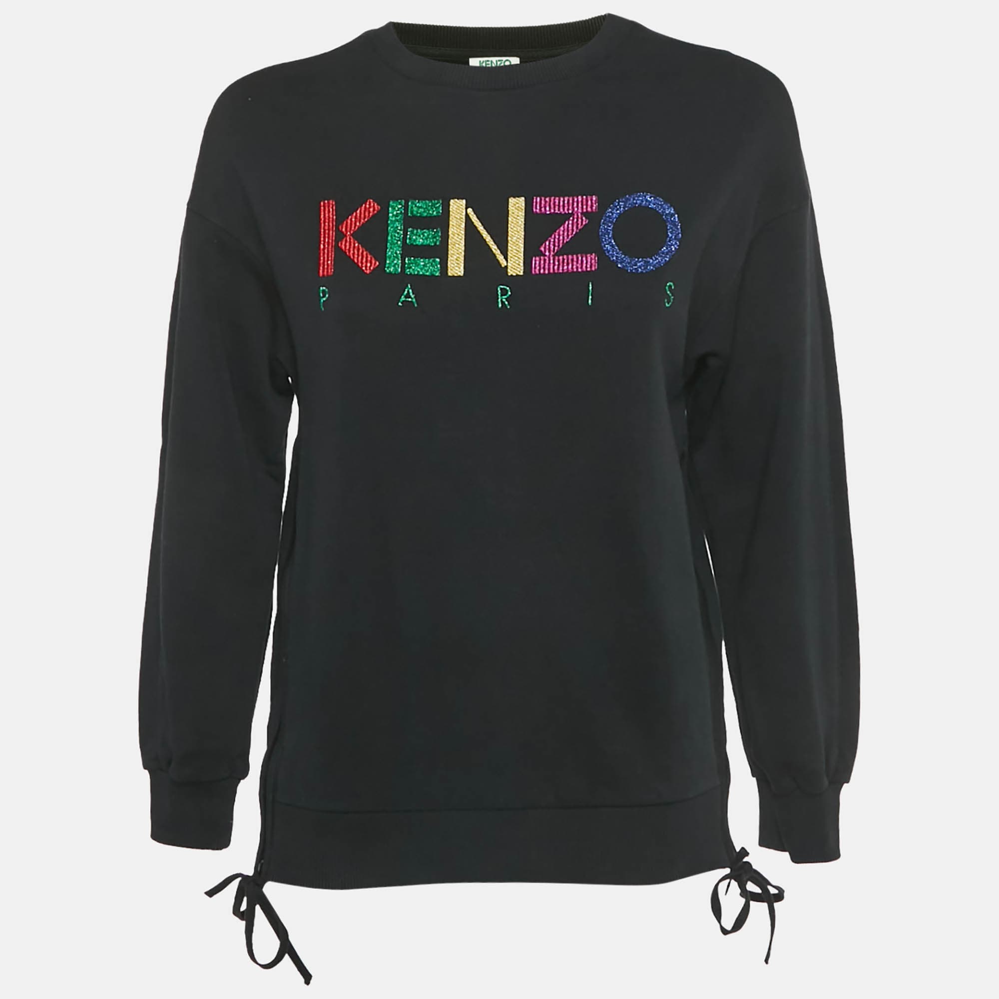 Kenzo Black Logo Lurex Embroidery Cotton Zip Detail Sweatshirt S