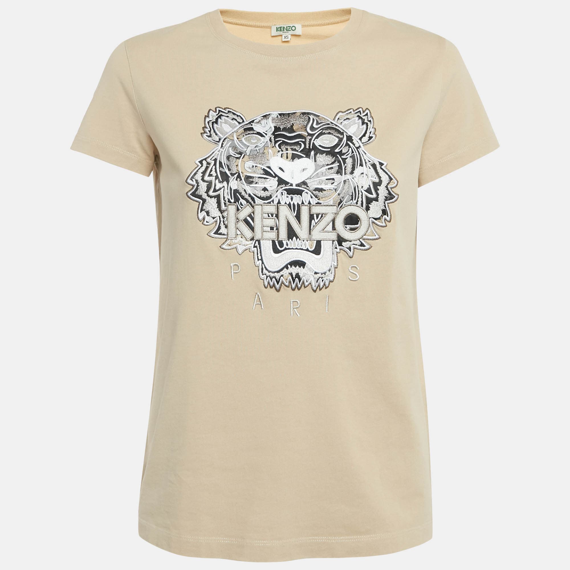 Kenzo Beige Tiger Embroidered Cotton T-Shirt XS