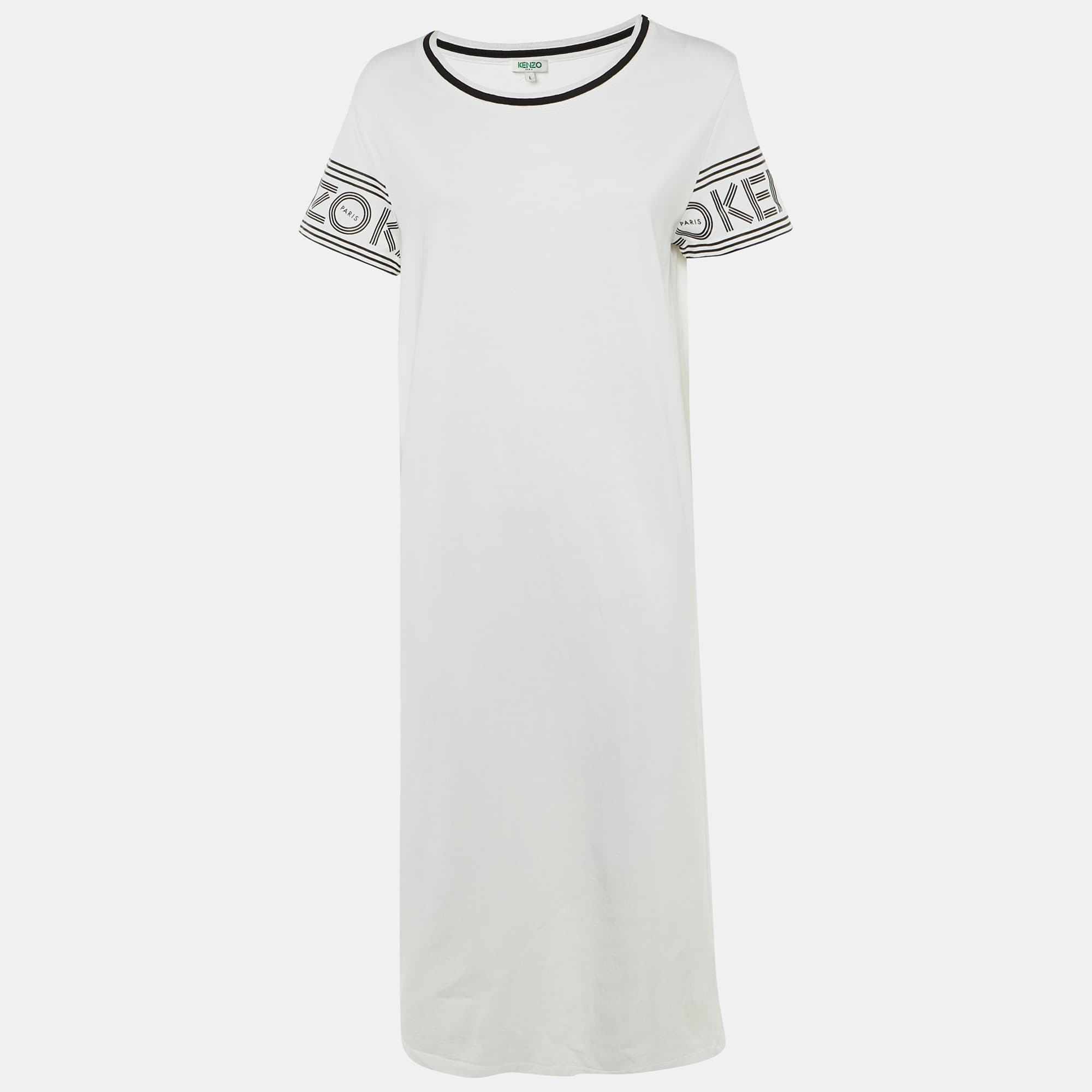 Kenzo White Logo Print Cotton Midi Dress L