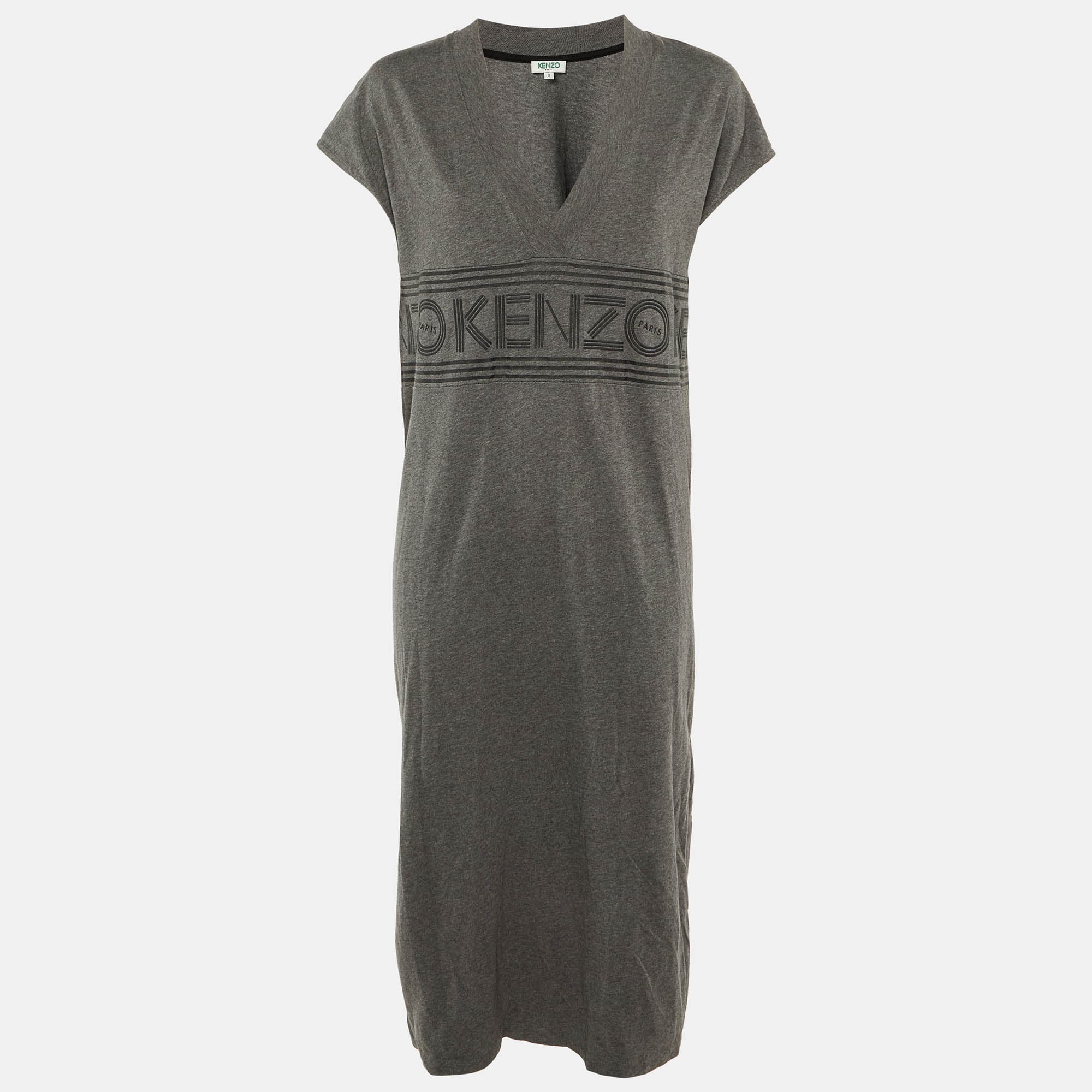Kenzo Grey Cotton Logo Applique T-Shirt Midi Dress S