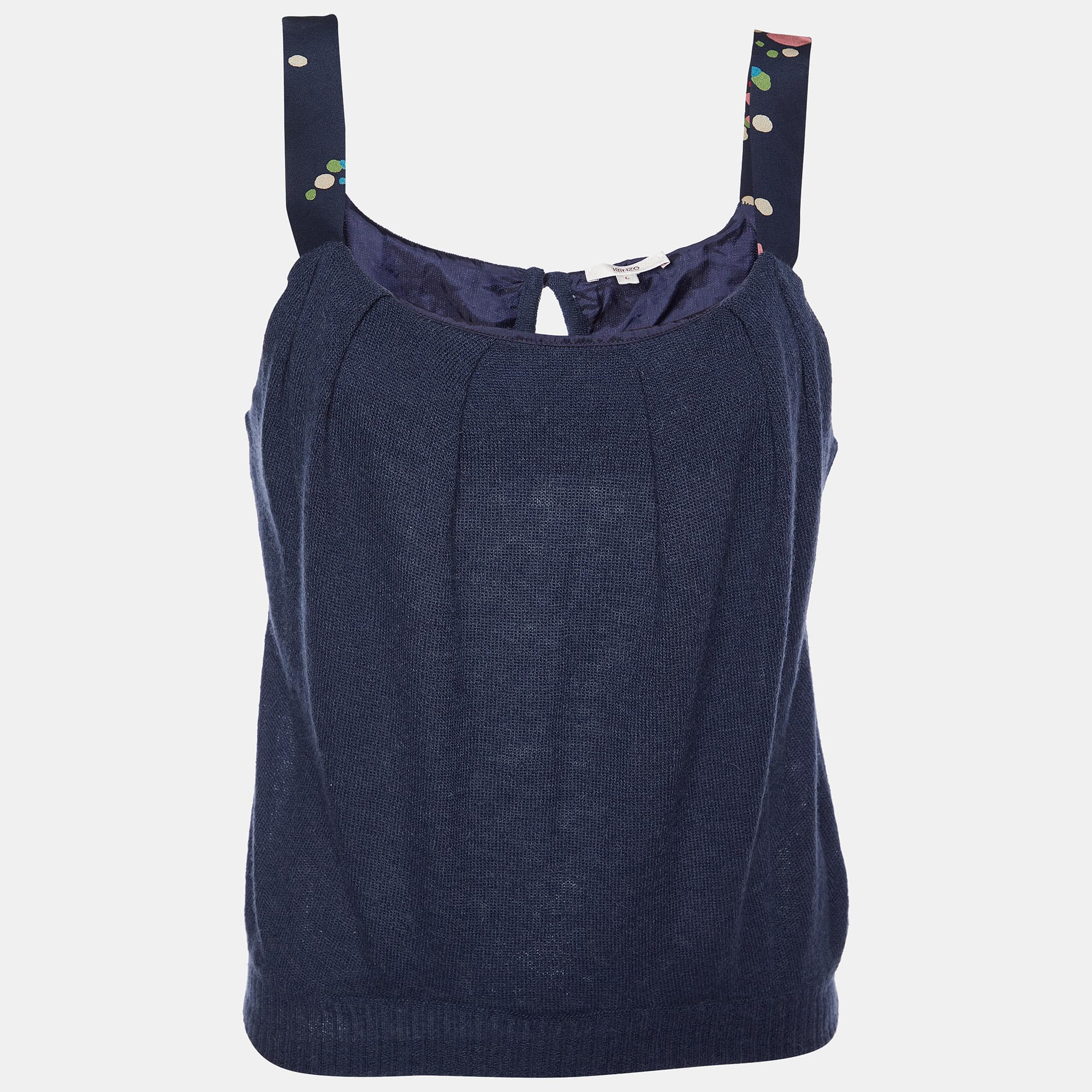 Kenzo Navy Blue Alpaca Knit & Silk Sleeve Tank Top L