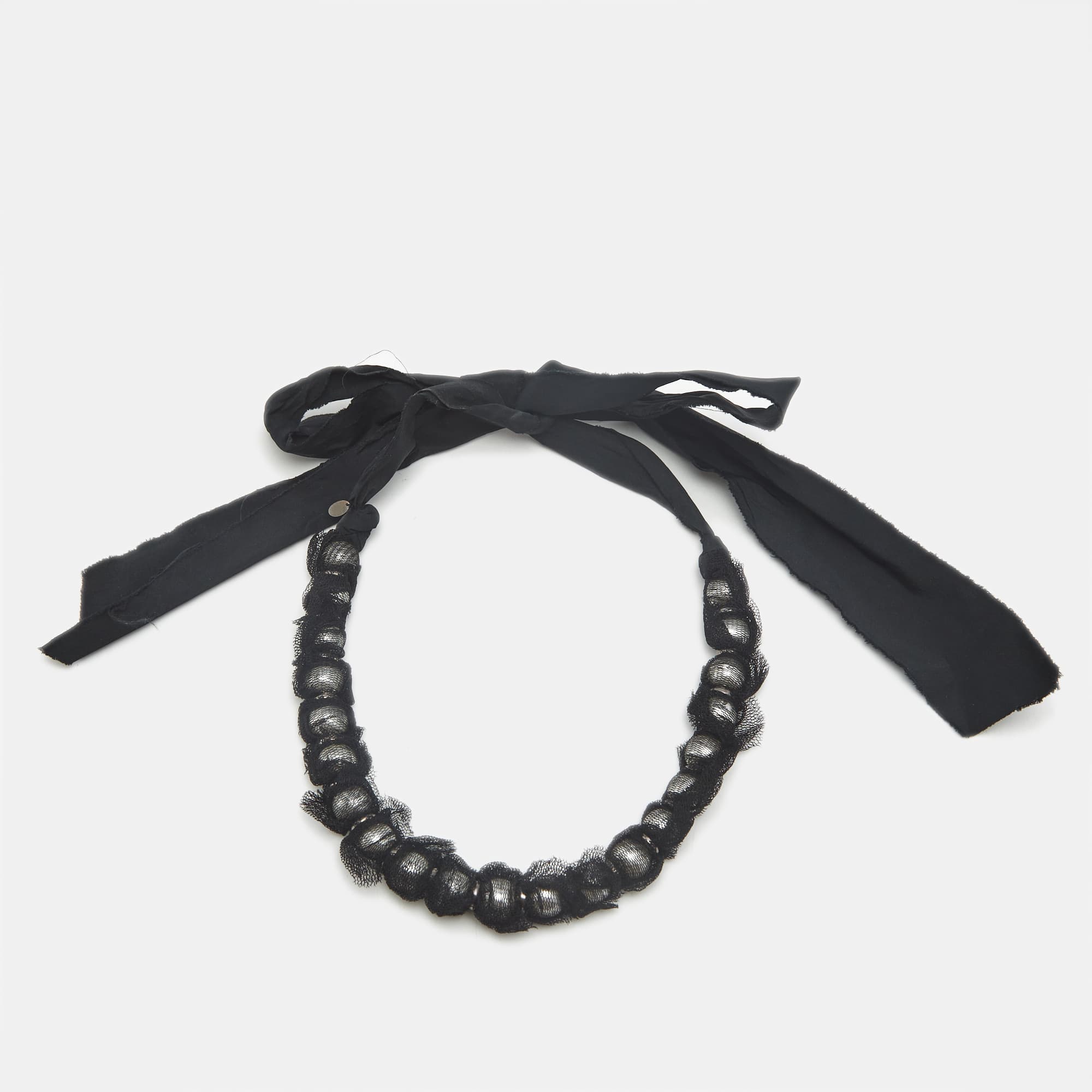 Lanvin Faux Pearl Fabric Silver Tone Necklace