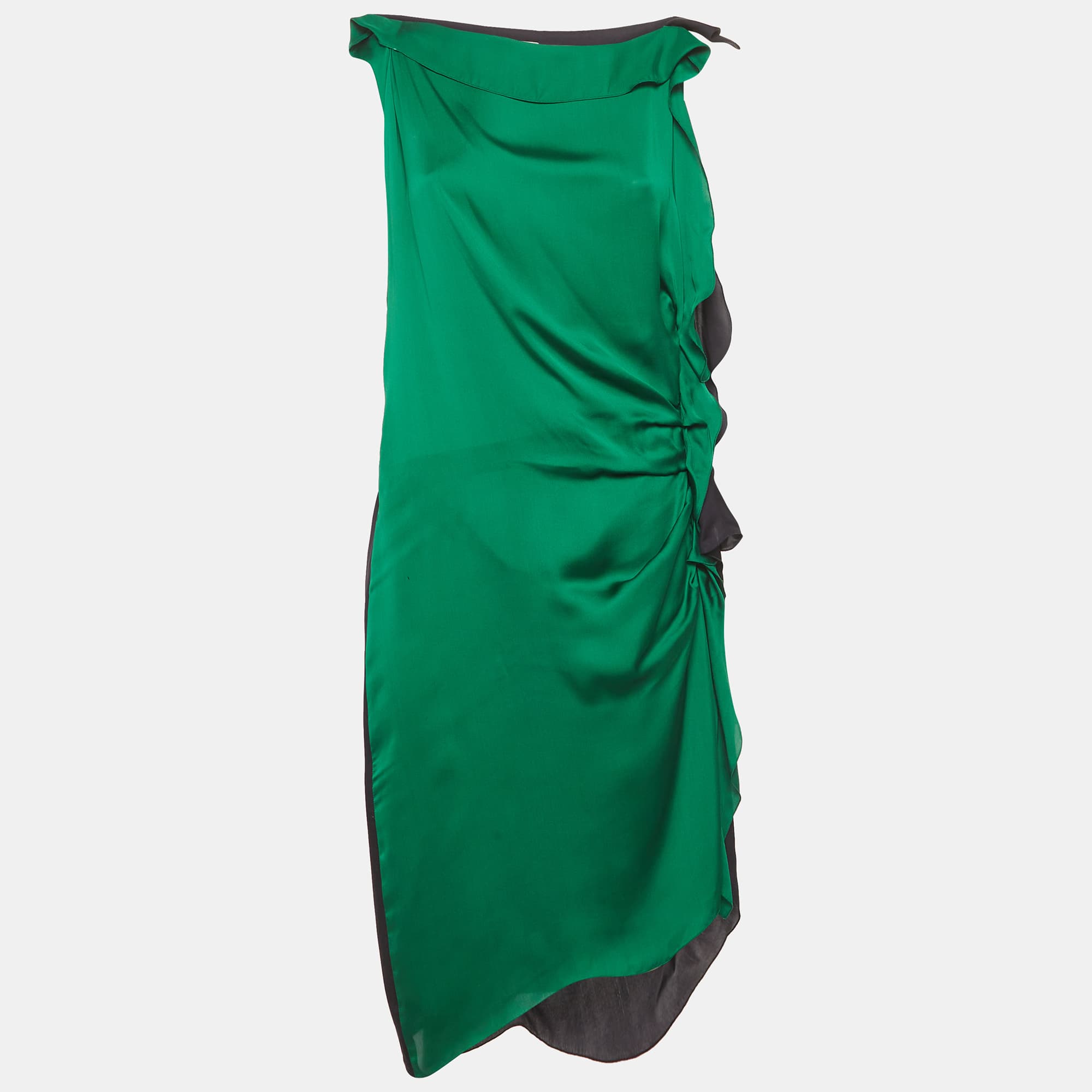 Lanvin Green/Black Silk Ruffle Midi Dress L