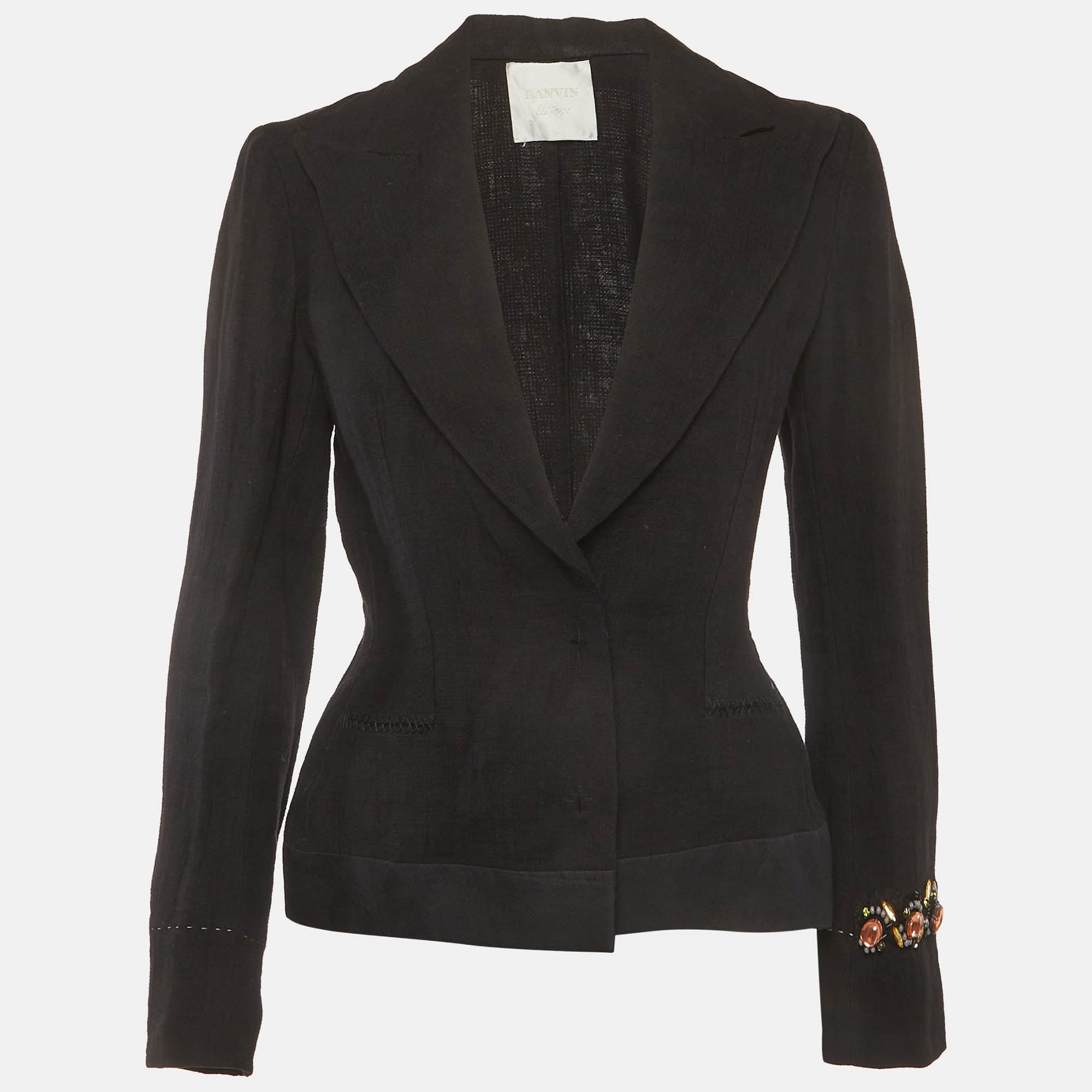 Lanvin Black Linen Embellished Cuff Blazer S