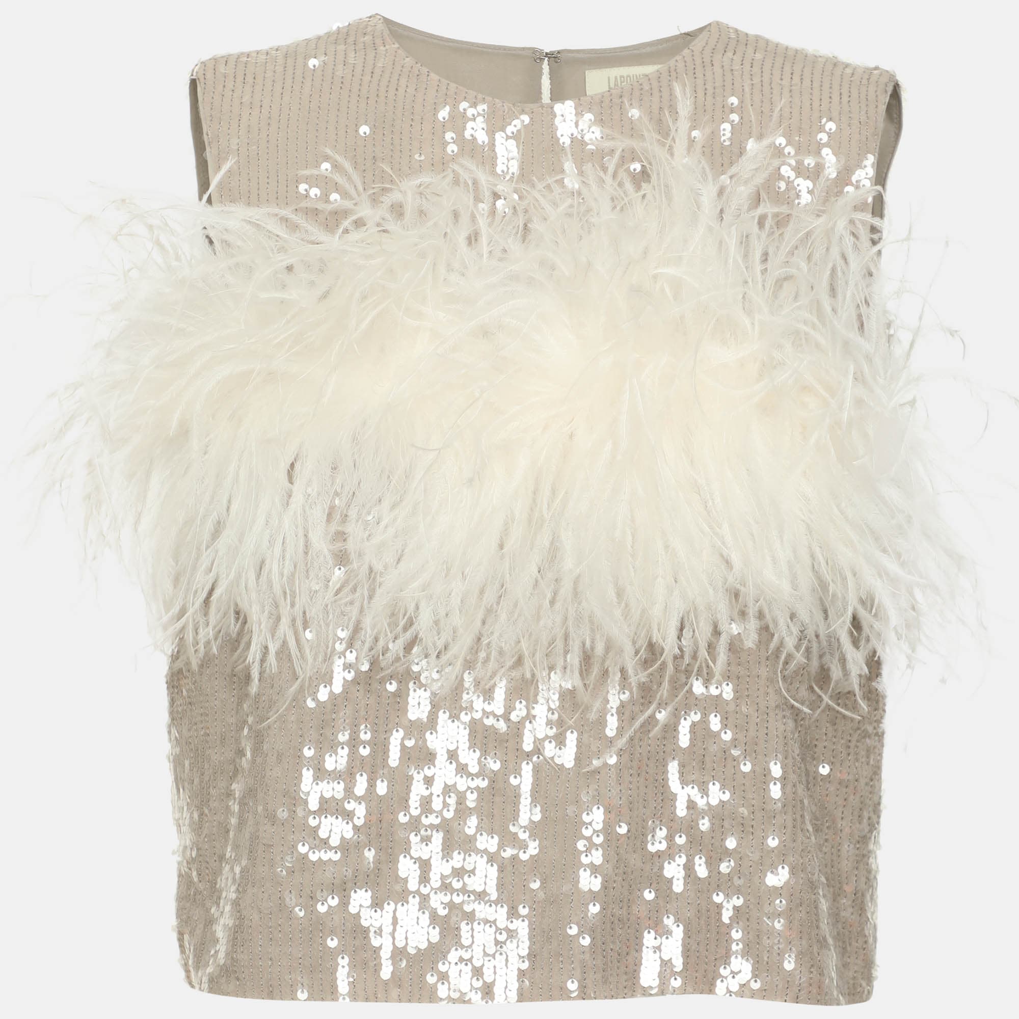Lapointe Grey/White Sequin and Ostrich Feather Sleeveless Crop Top S