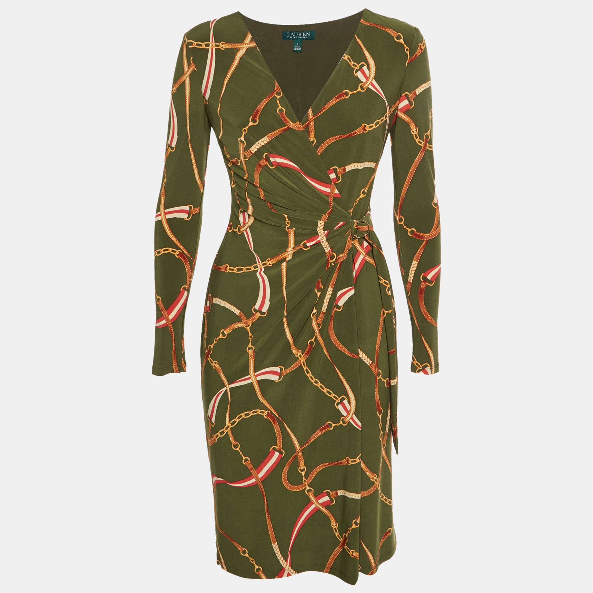 Lauren Ralph Lauren Green Equestrian Print Jersey Wrap Dress XS
