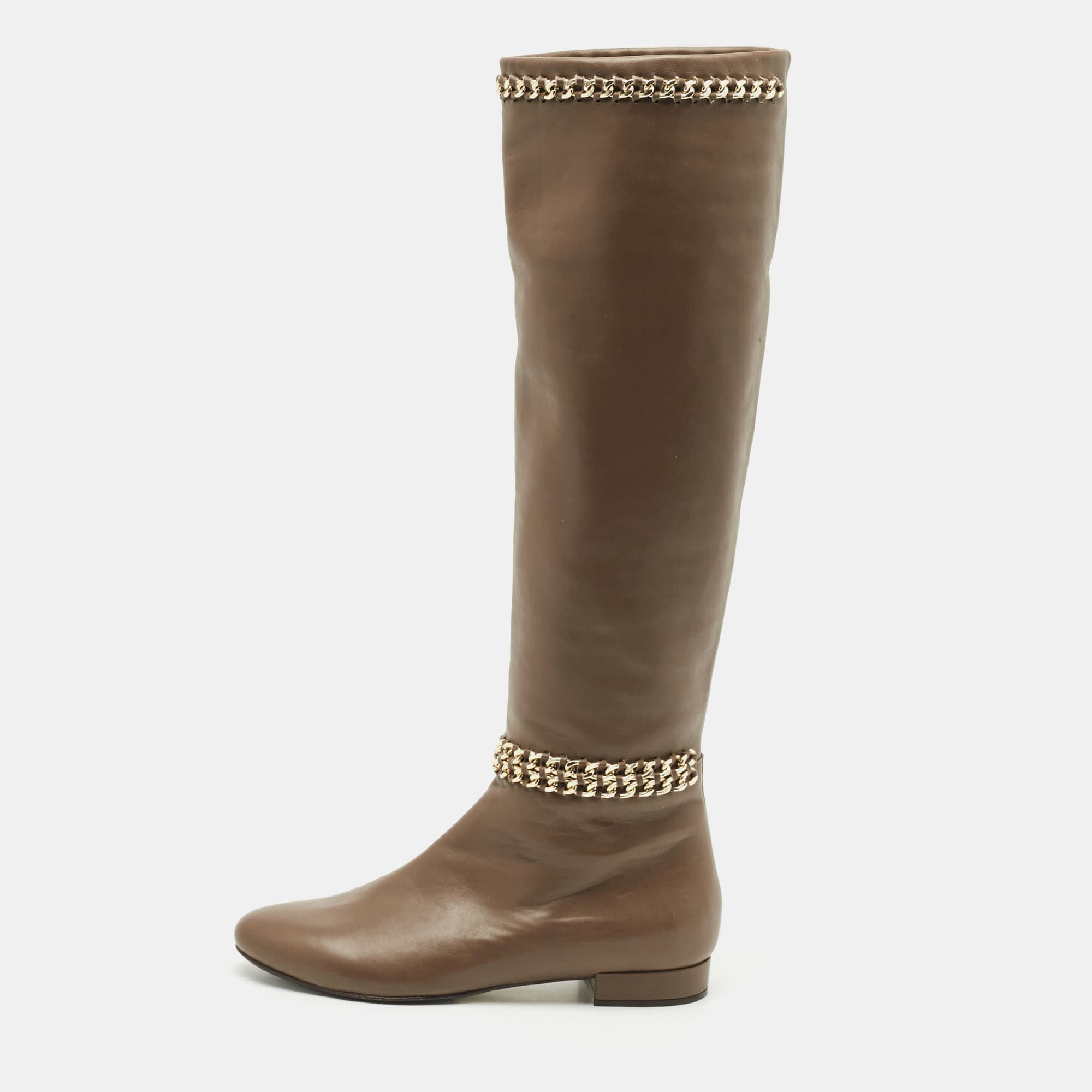 Le Silla Brown Leather Chain Detail Knee High Boots Size 37