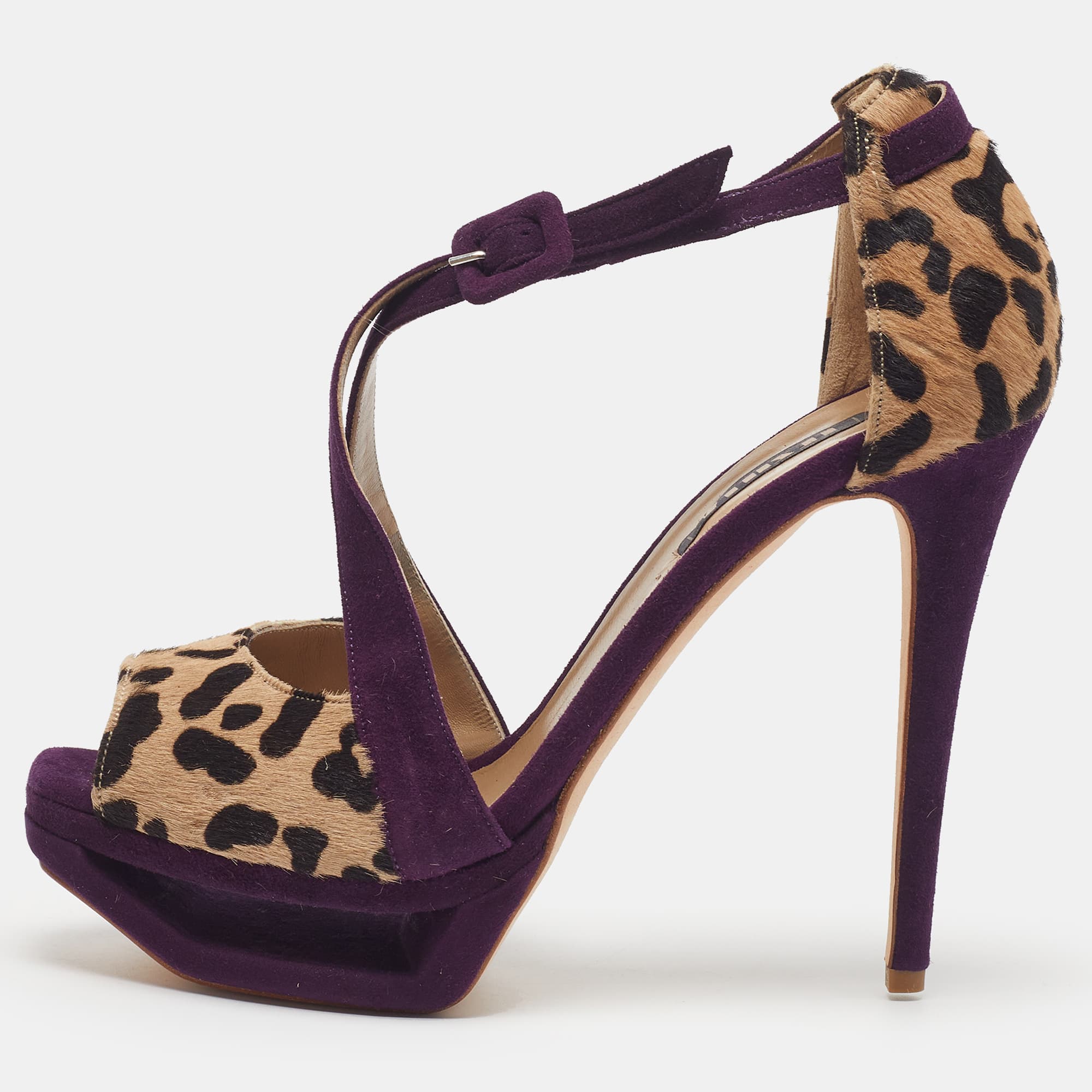 Le Silla Size 38 Purple/Beige Leopard Print Calf Hair and Suede Platform Ankle Strap Sandals