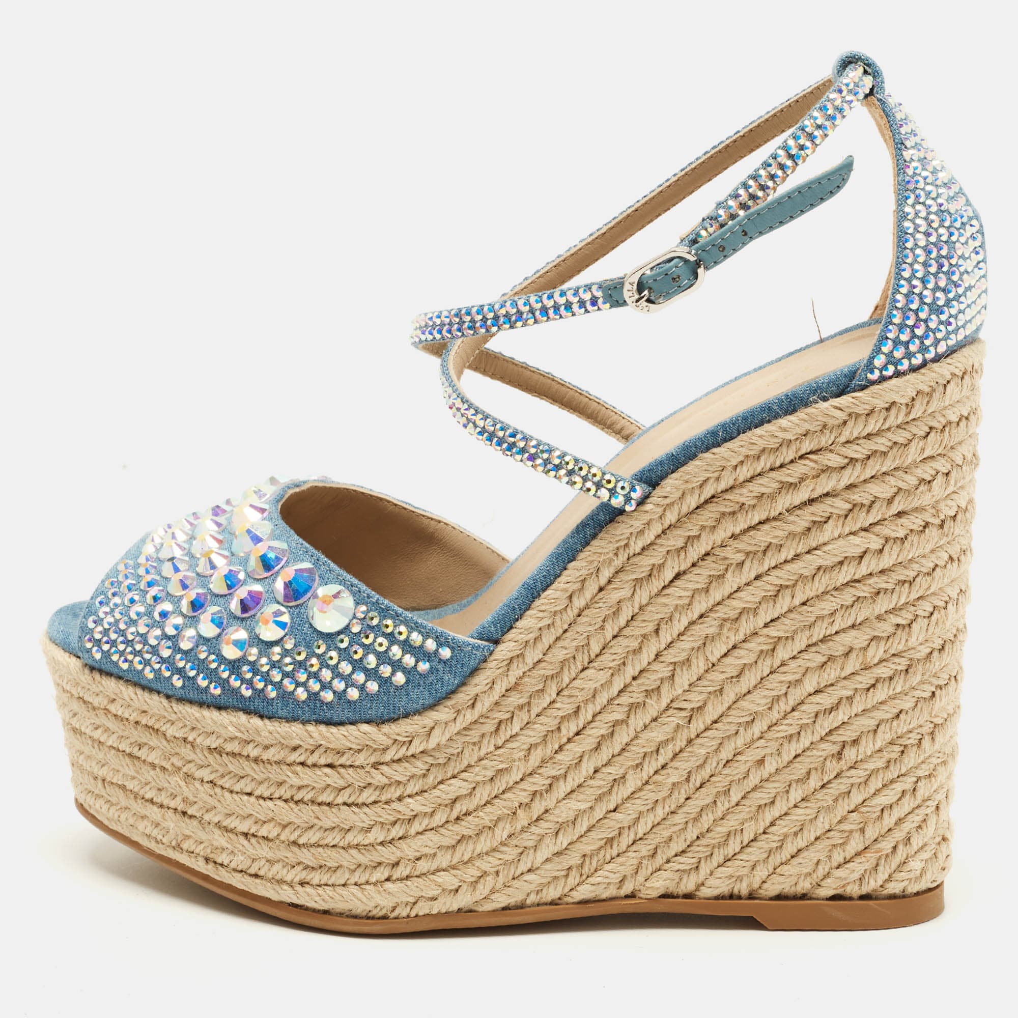 Le Silla Size 38 Blue Denim Crystal Embellish Espadrille Sandals