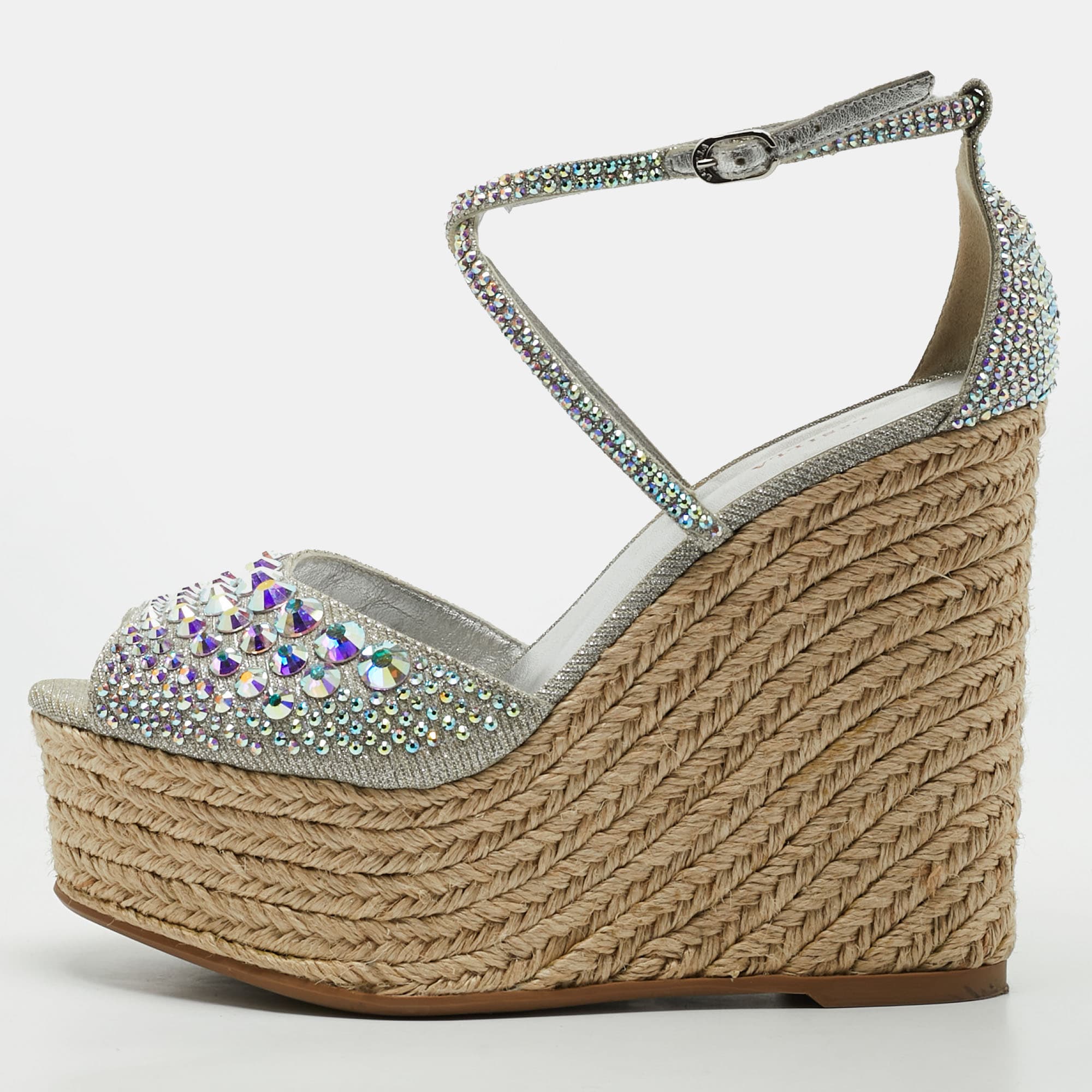 Le Silla Size 38 Silver Lurex Fabric Espadrille Wedge Sandals