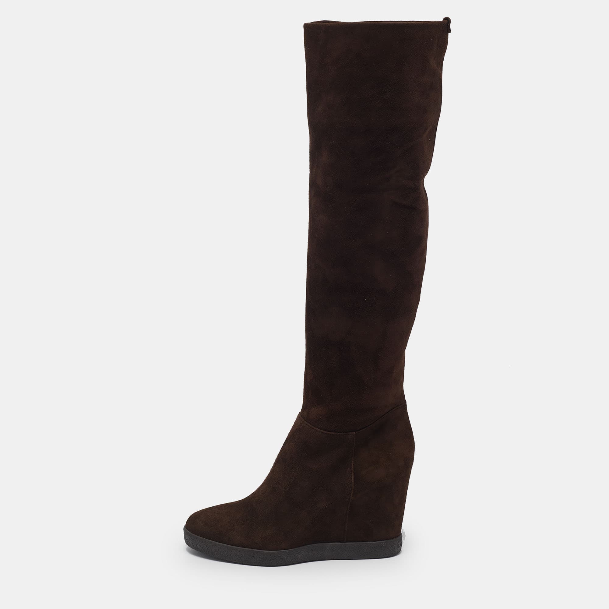Le Silla Size 39 Brown Suede Wedge Knee Length Boots