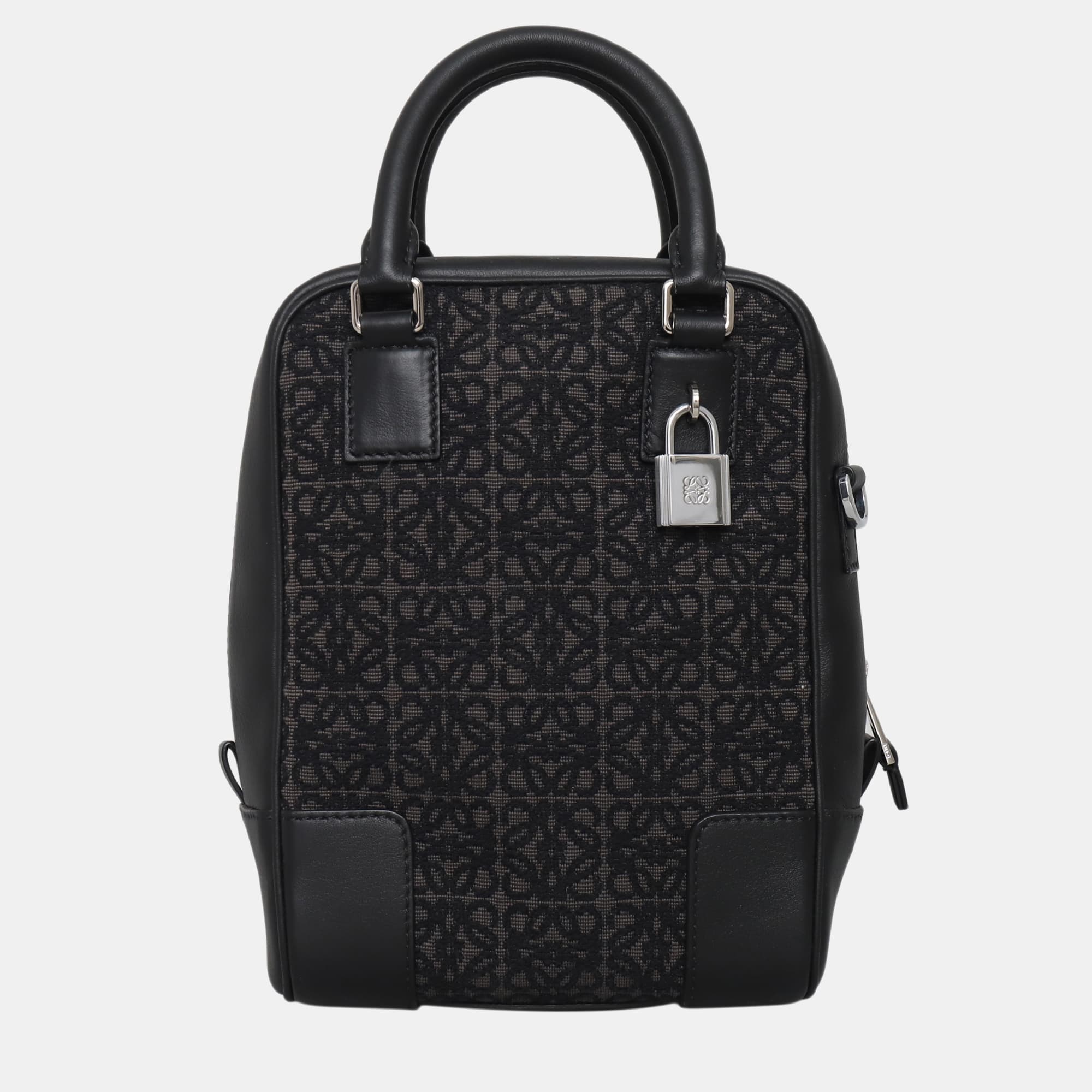 Loewe Amazona 15 Black Logo Jacquard Canvas Leather Trim Top Handle Bag