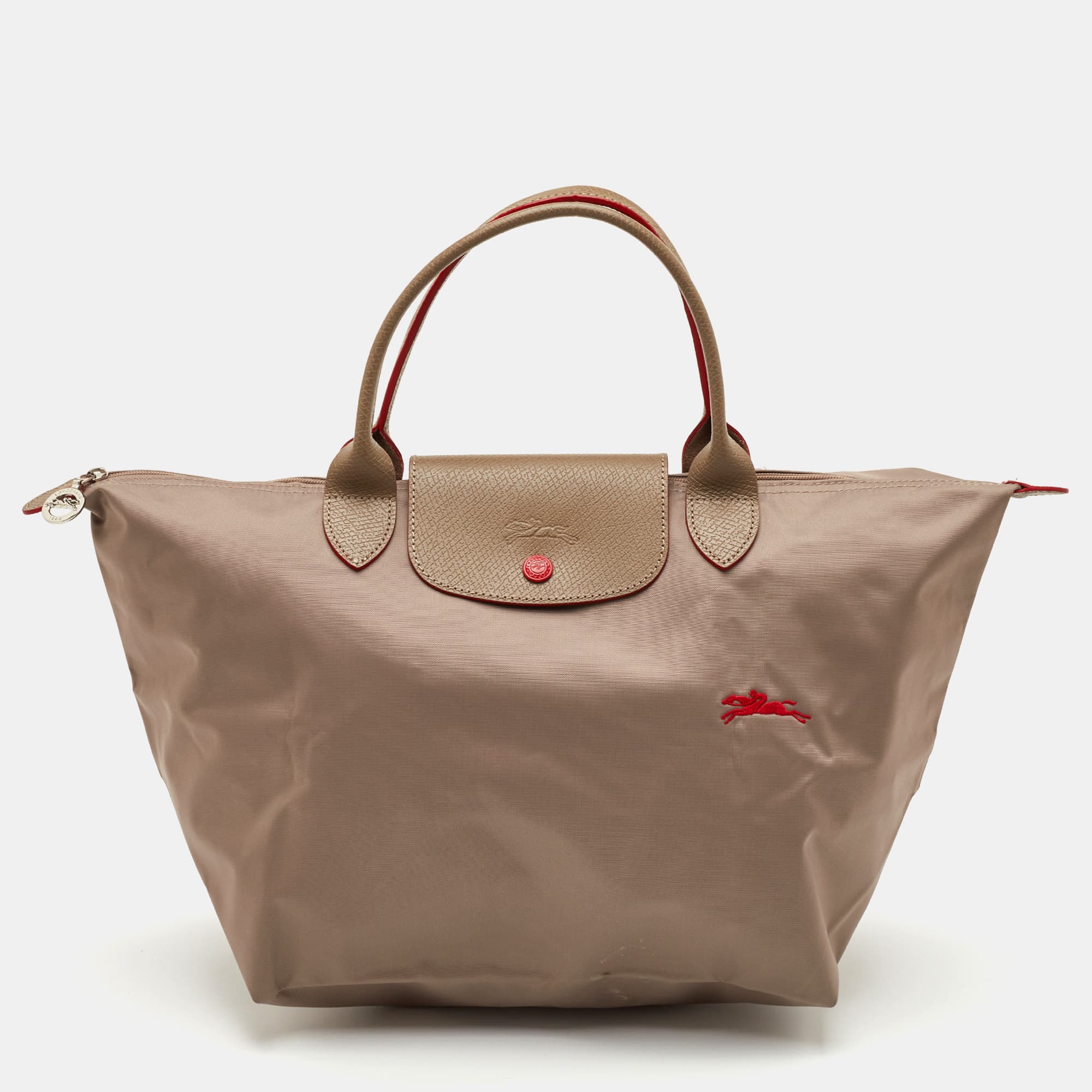 Longchamp Le Pliage Medium Khaki Beige Nylon and Leather Tote