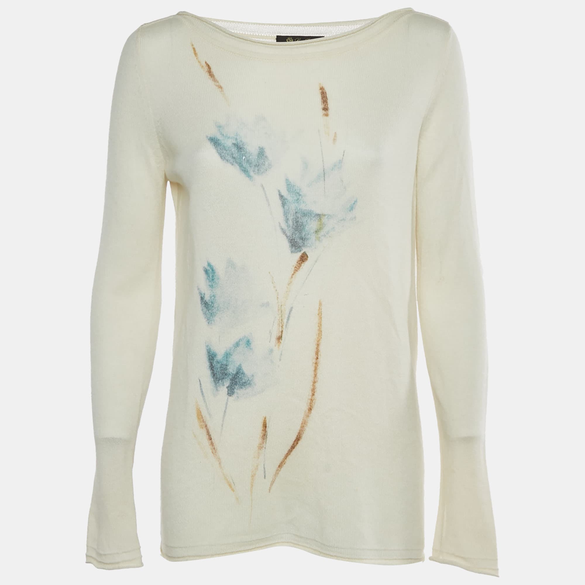 Loro Piana Cream Floral Print Cashmere Knit Sweater M