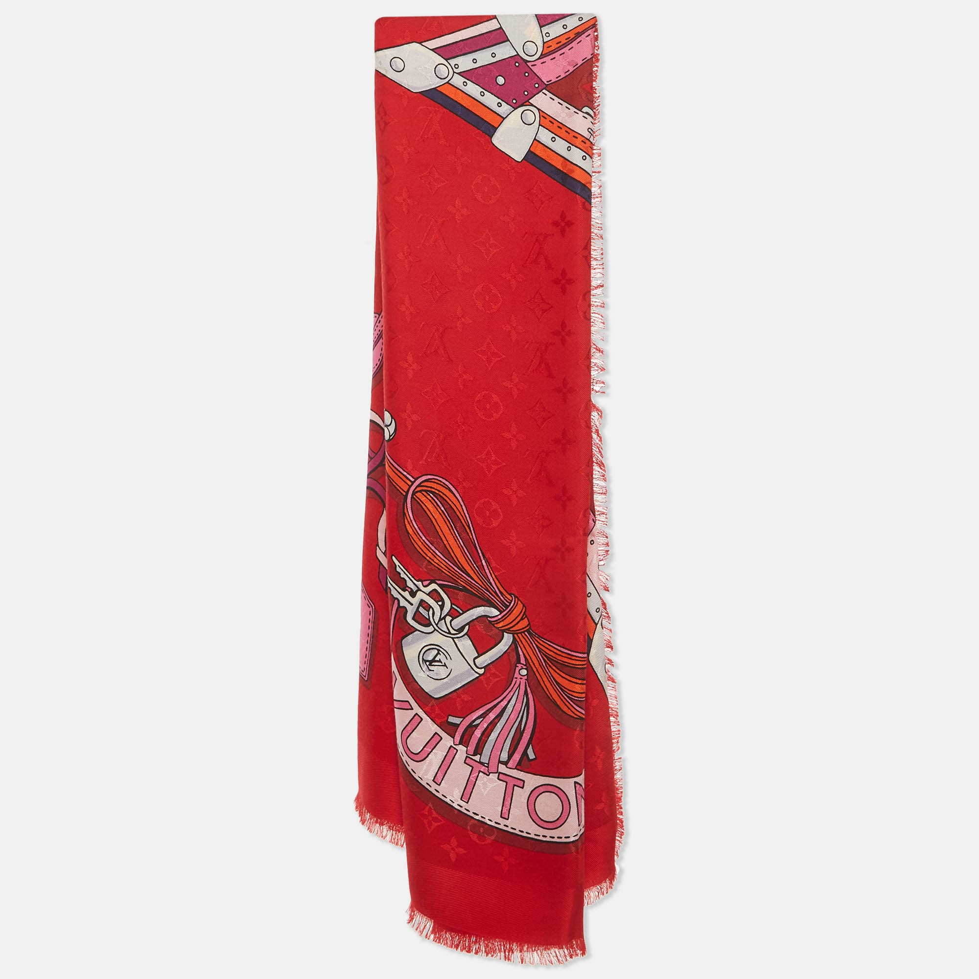 Louis Vuitton Red Flower And Straps Print Silk Square Scarf