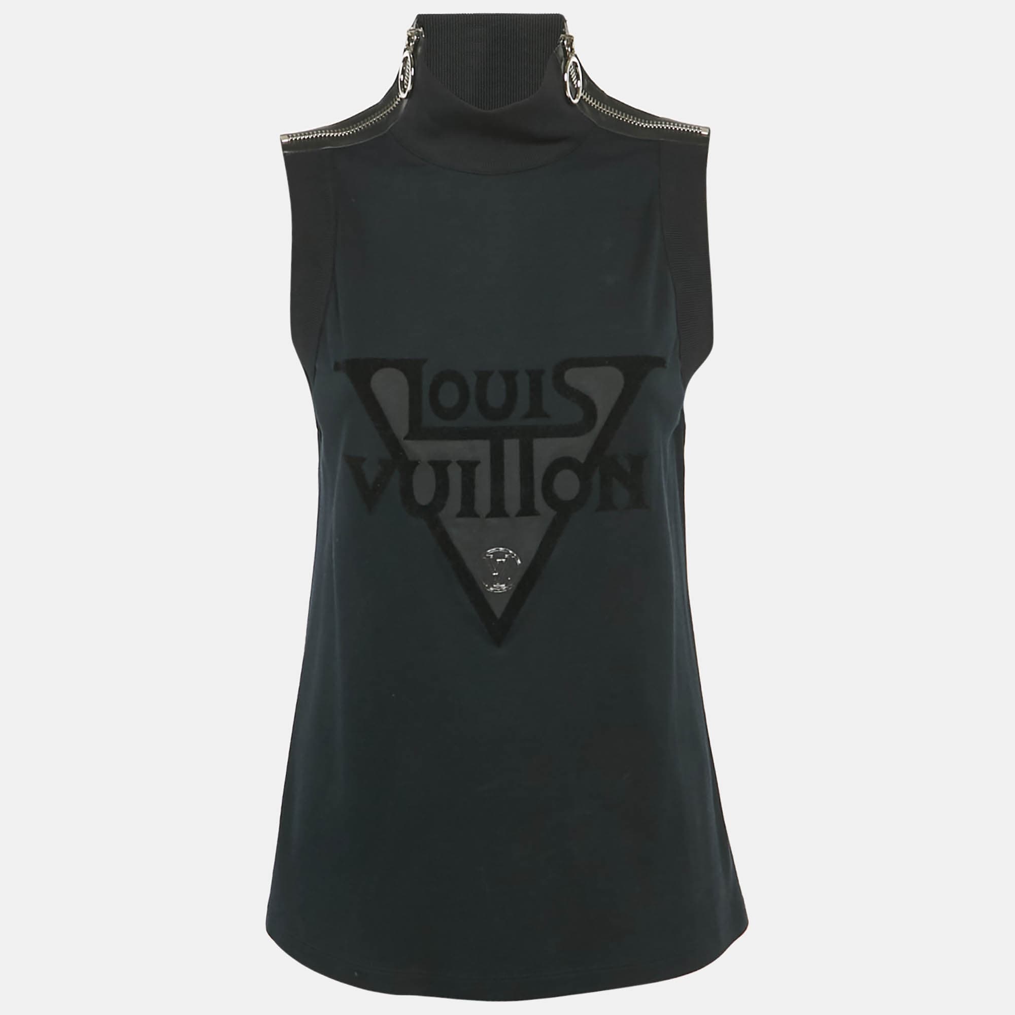 Louis Vuitton Black Logo Print Cotton Zip Detail Sleeveless T-Shirt L