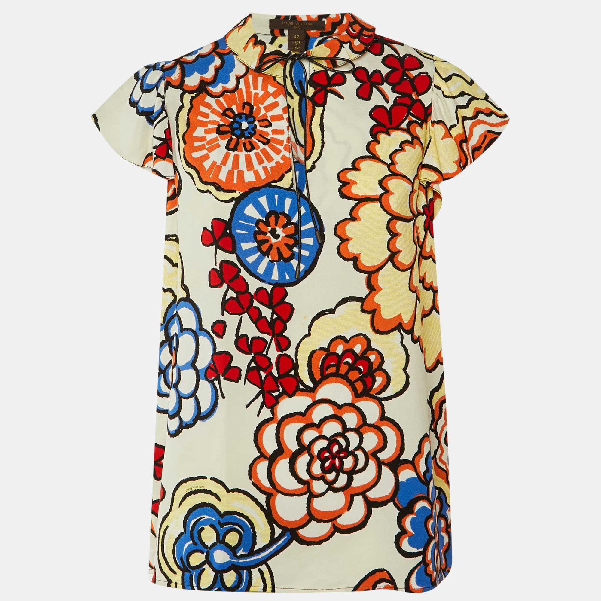 Louis Vuitton Off White Floral Printed Crepe Top L