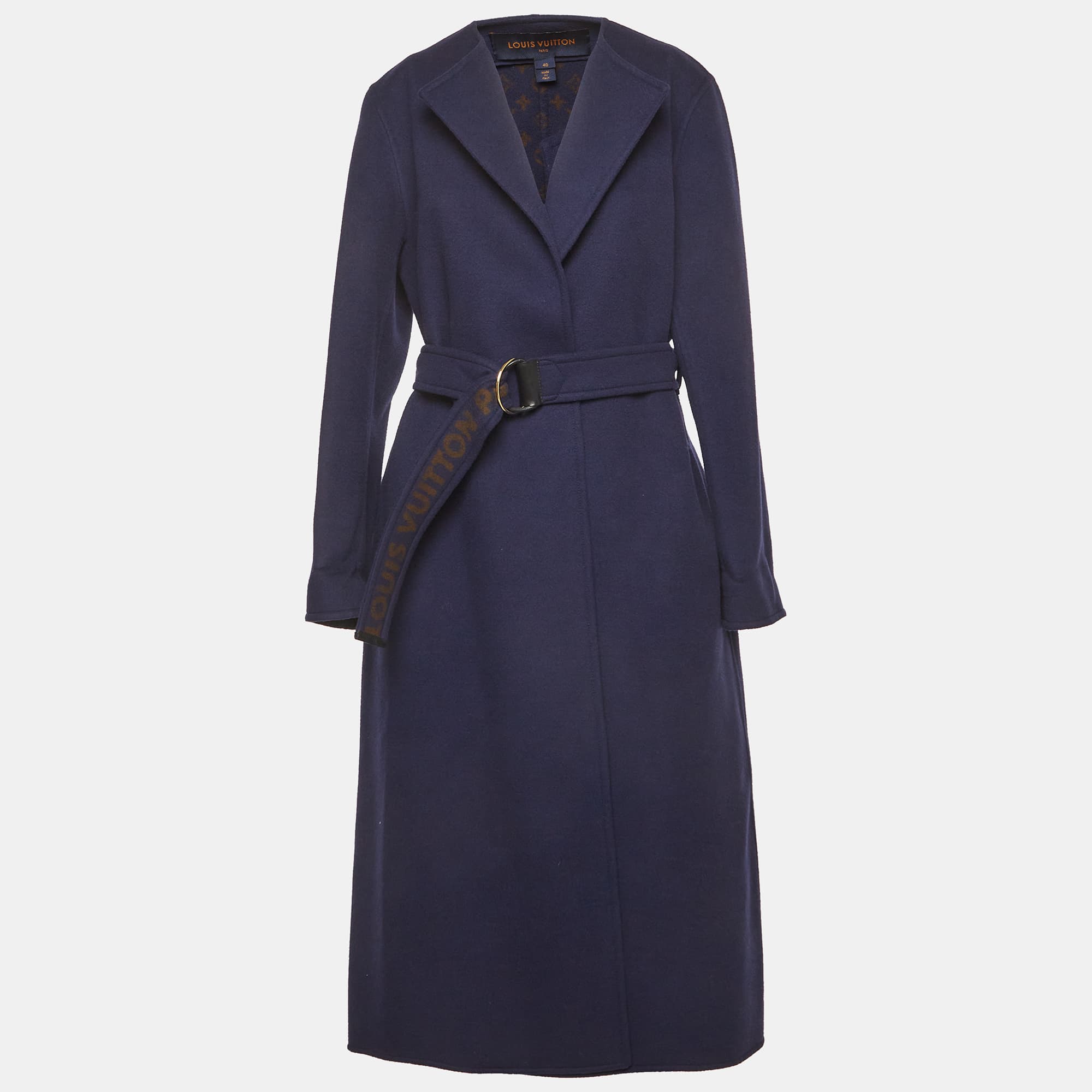 Louis Vuitton Navy Blue Monogram Belted Felt Wrap Coat M