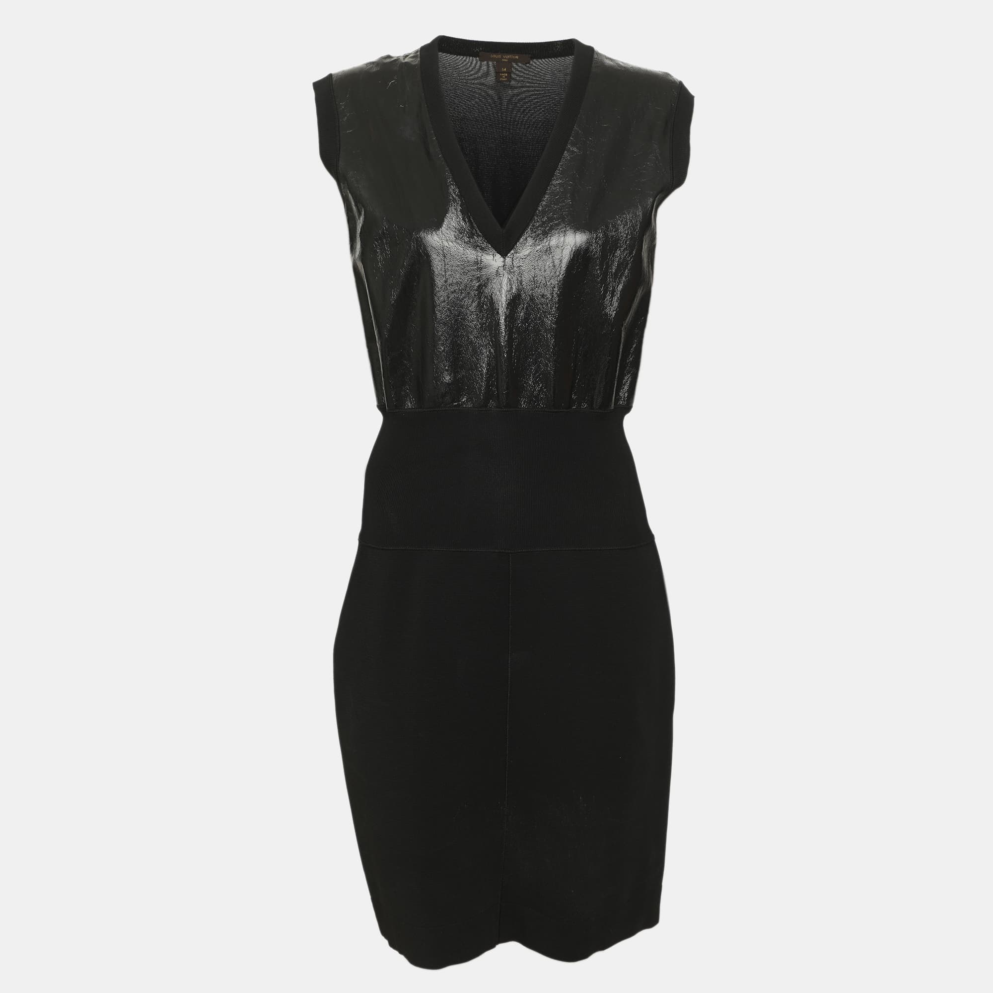 Louis Vuitton Black Stretch Knit and Patent Leather Knee Length Dress M