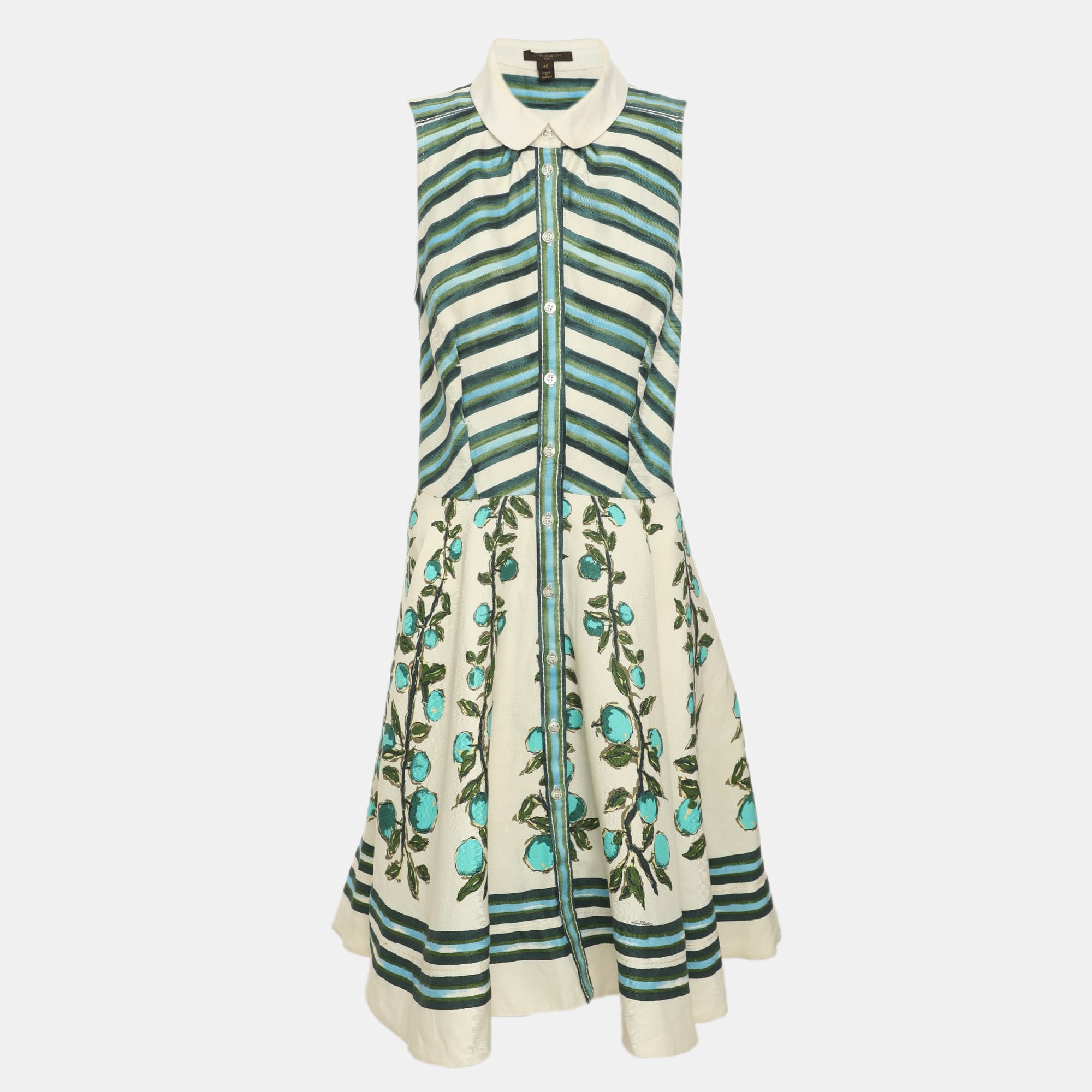 Louis Vuitton Light Beige/Green Floral Printed Linen Blend Sleeveless Knee Length Dress M