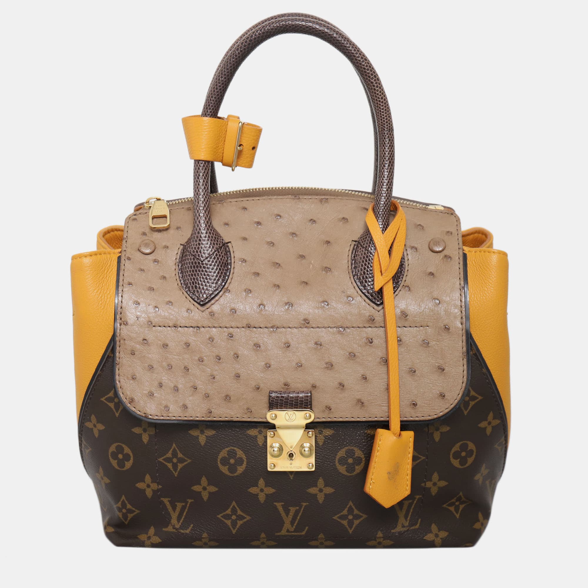 Louis Vuitton Majestueux PM Beige Brown Yellow Monogram Canvas Ostrich Lizard Leather Top Handle Bag
