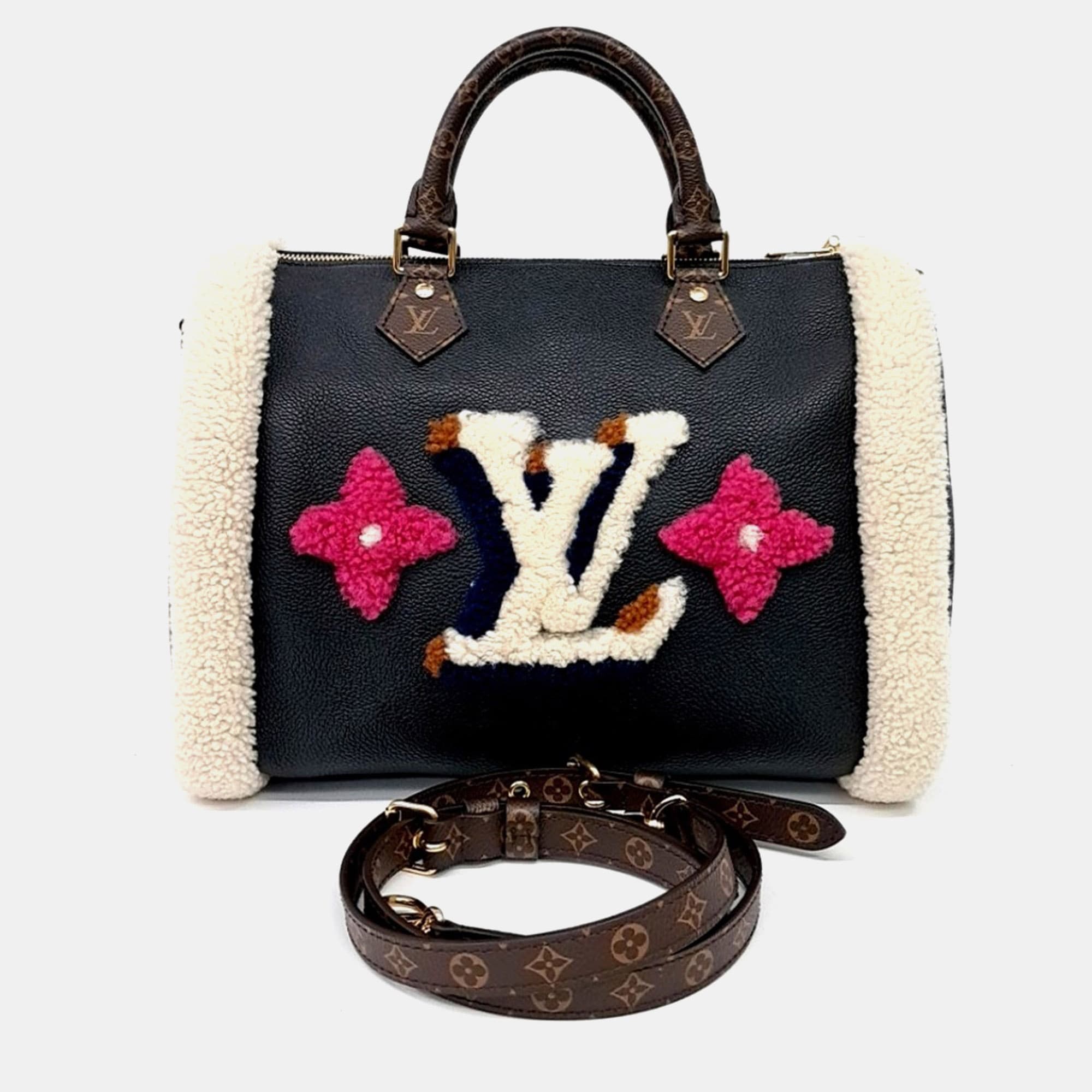 Louis Vuitton Teddy Speedy Bandouliere 30 Black Monogram Giant Leather Shearling Top Handle Bag