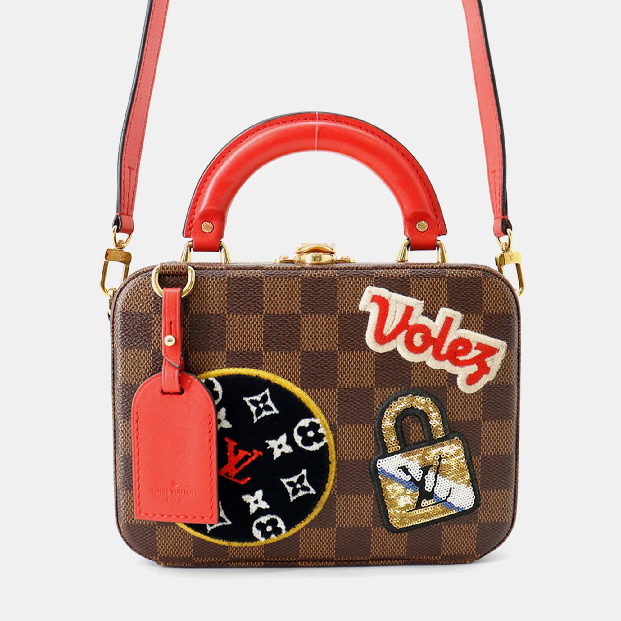 Louis Vuitton Stories Box Damier Ebene Canvas Red Leather Top Handle Bag
