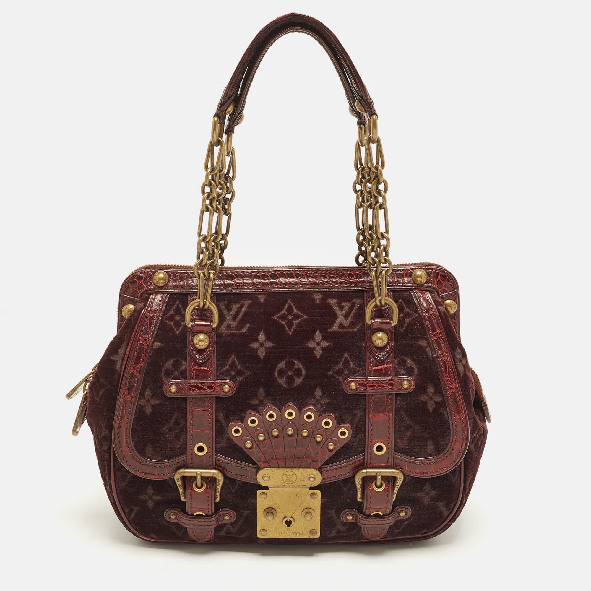 Louis Vuitton Gracie MM Burgundy Monogram Velours and Alligator Bag