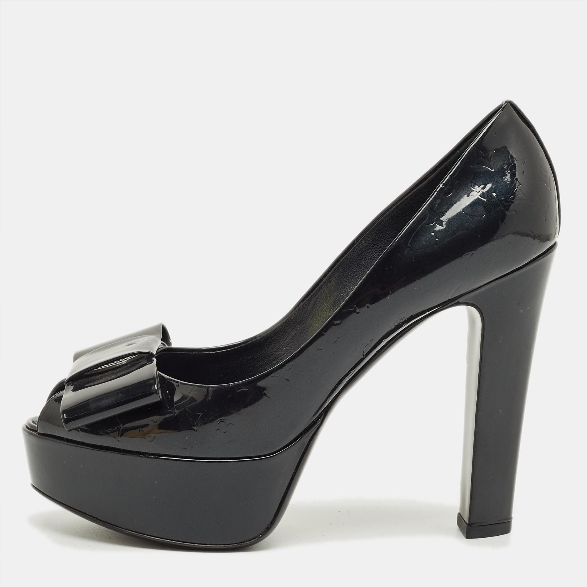 Louis Vuitton Black Monogram Patent Leather Bow Platform Pumps Size 38
