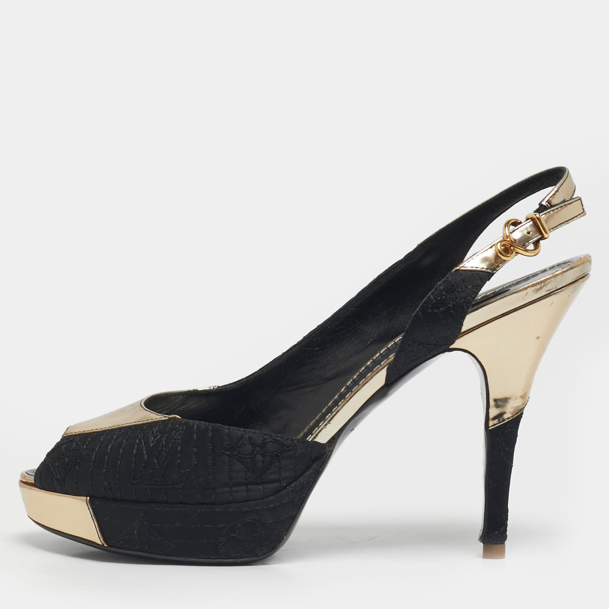 Louis Vuitton Size 39 Black/Gold Leather and Satin Peep Toe Pumps