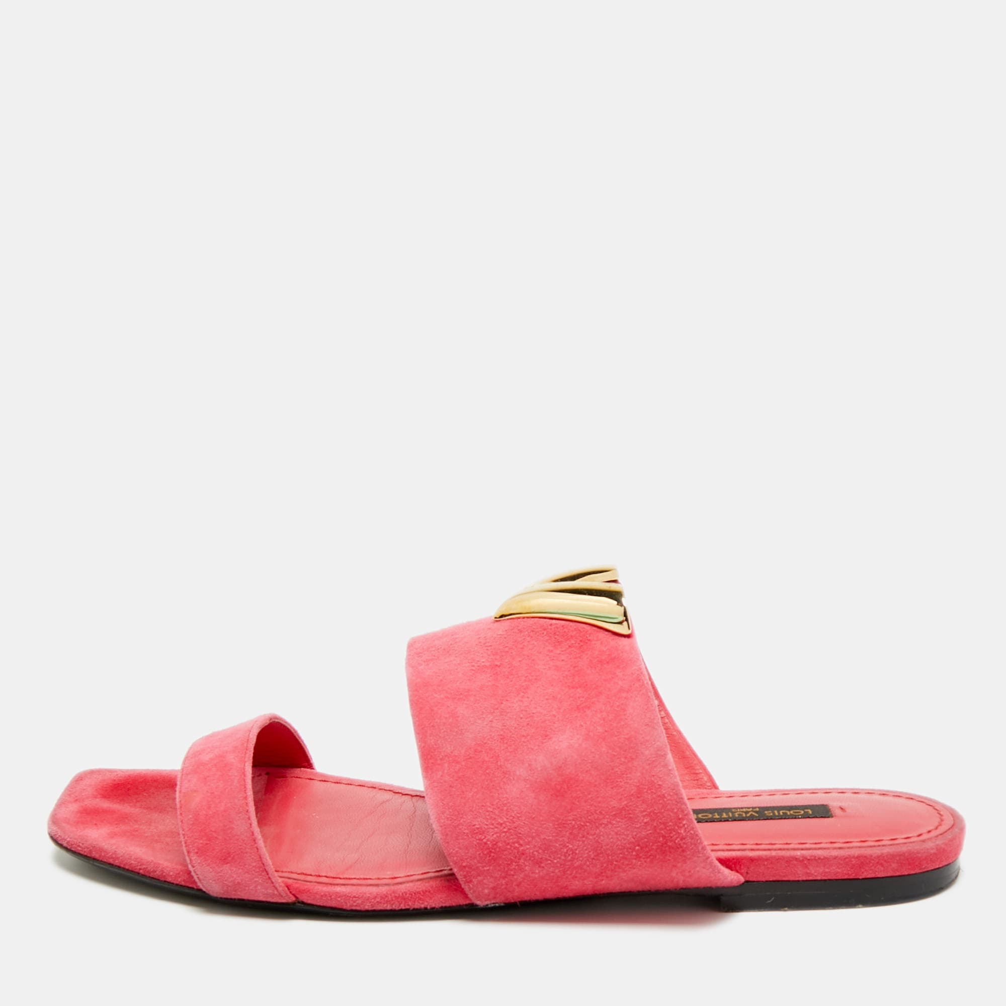 Louis Vuitton Essential V Size 38 Pink Suede Flat Slides