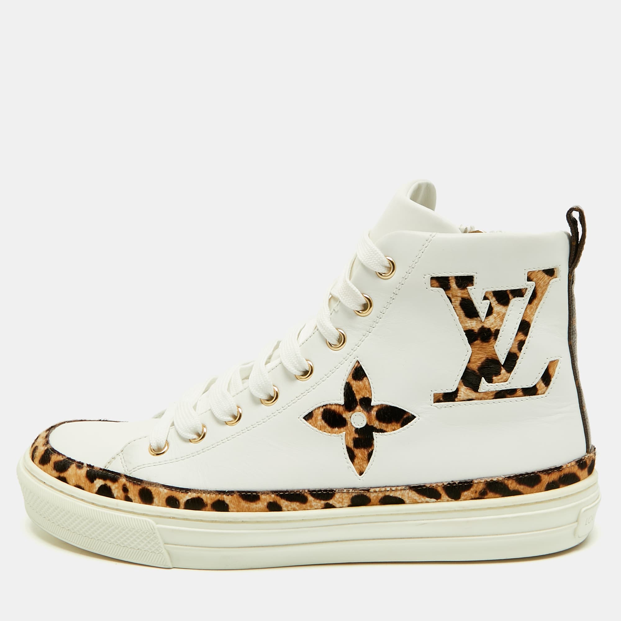 Louis Vuitton Stellar Size 39 White/Brown Leopard Print Calf Hair and Leather High Top Sneakers