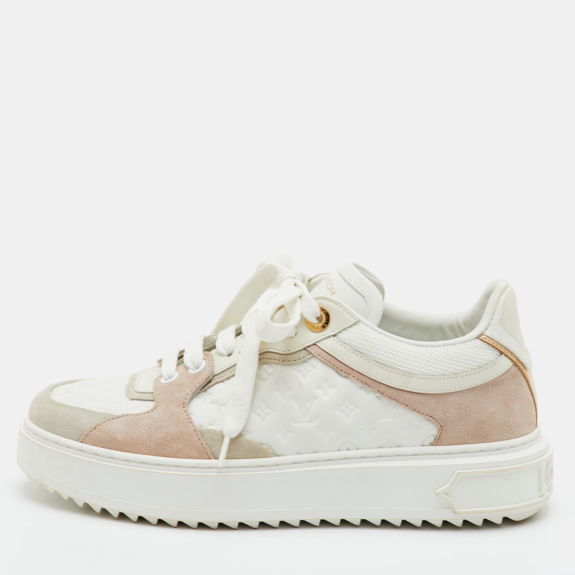 Louis Vuitton Time Out Size 37 White/Beige Monogram Leather and Suede Low Top Sneakers