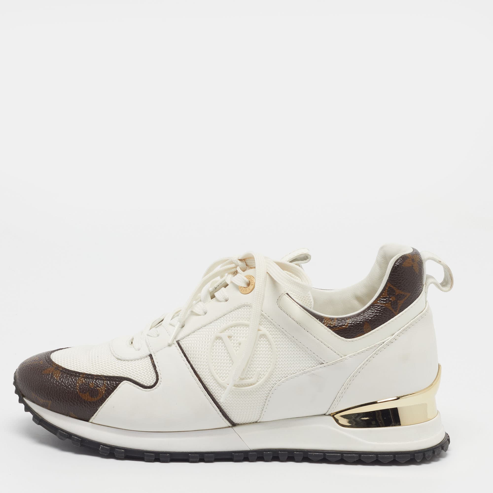 Louis Vuitton Run Away Size 38.5 White/Brown Monogram Canvas and Leather and Mesh Lace Up Sneakers