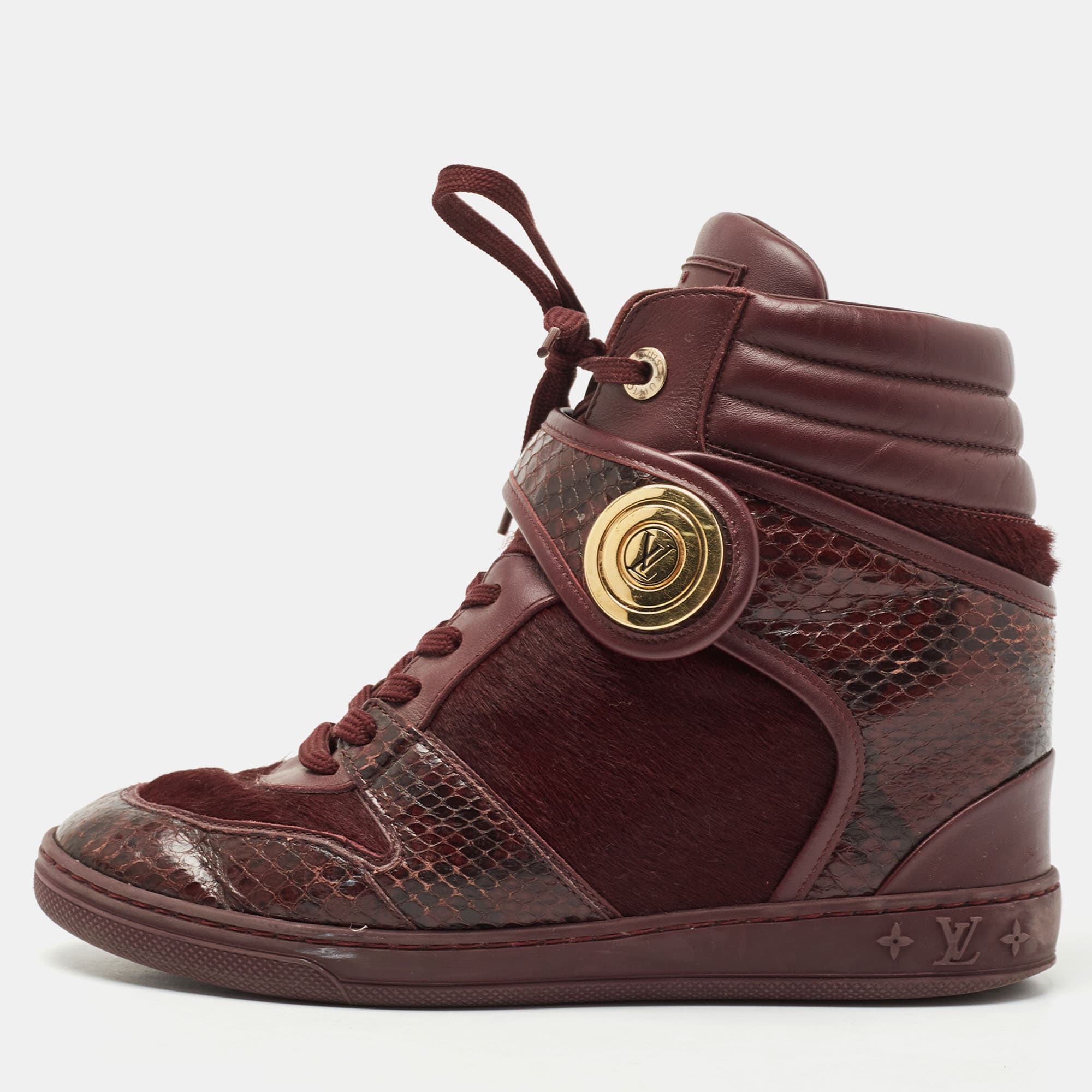 Louis Vuitton Size 37.5 Burgundy Calf Hair, Leather and Python Leather High Top Sneakers