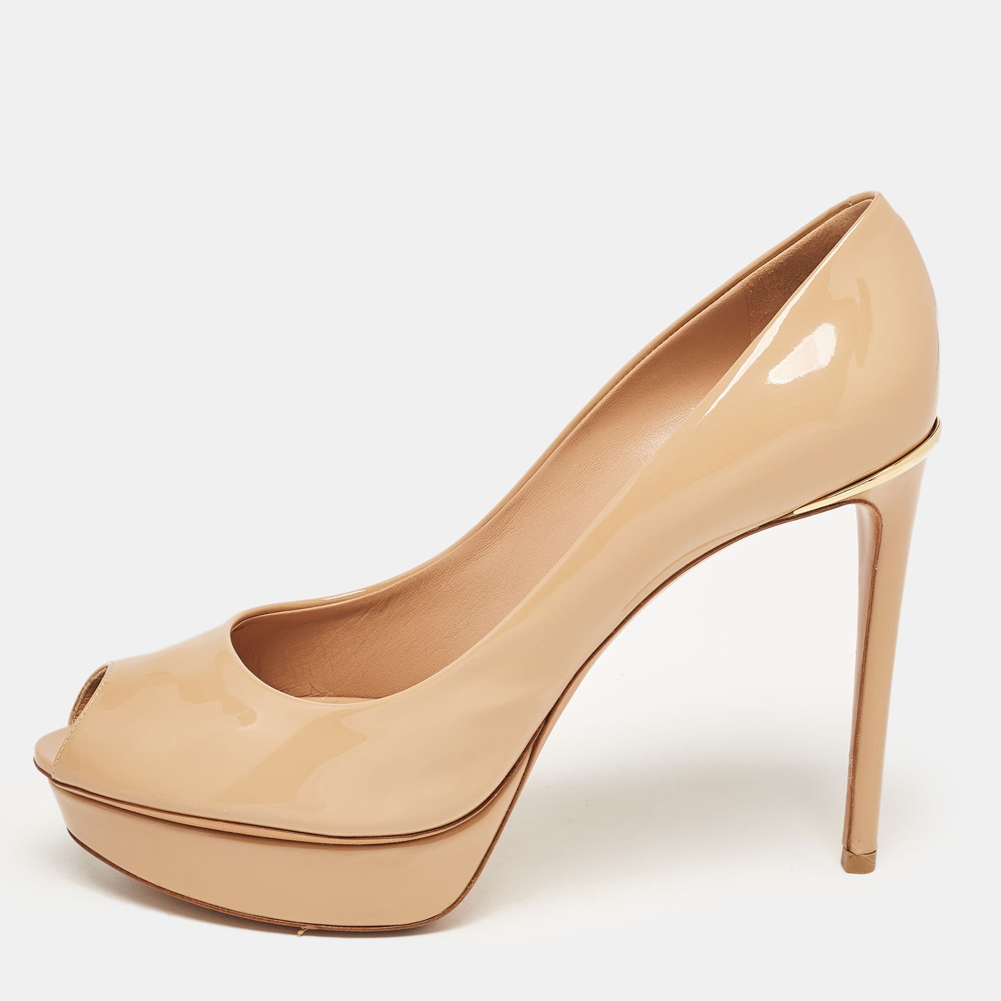 Louis Vuitton Beige Patent Leather Eyeline Peep Toe Pumps Size 40